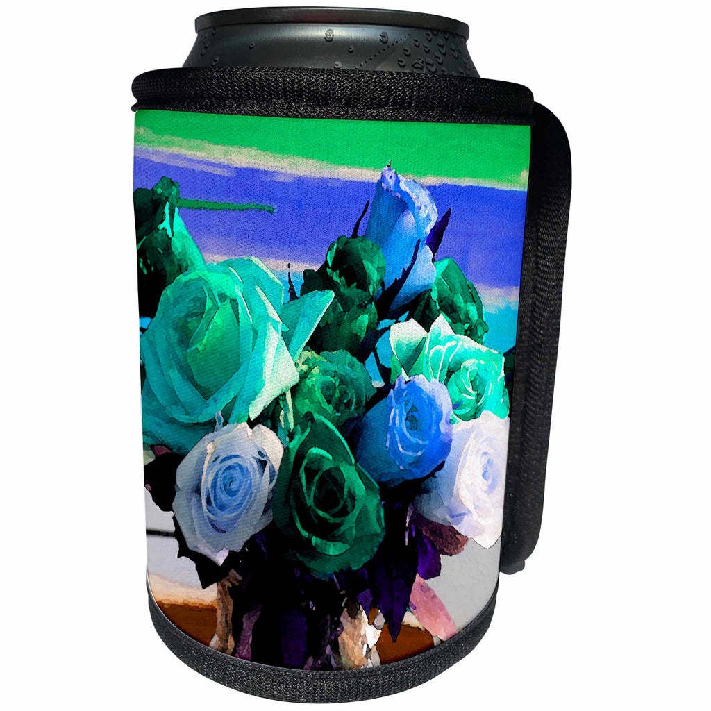3dRose Jos Fauxtographee- Roses in Blue and Green Art - Blue and green with white and teal roses on an original piece of art - Can Cooler Bottle Wrap (cc_291100)