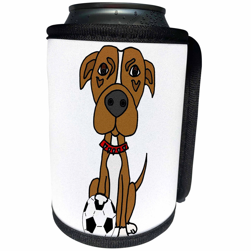 3dRose All Smiles Art - Pets - Cute Funny Brown Pit bull Puppy Dog Playing Soccer Cartoon - Can Cooler Bottle Wrap (cc_291104)