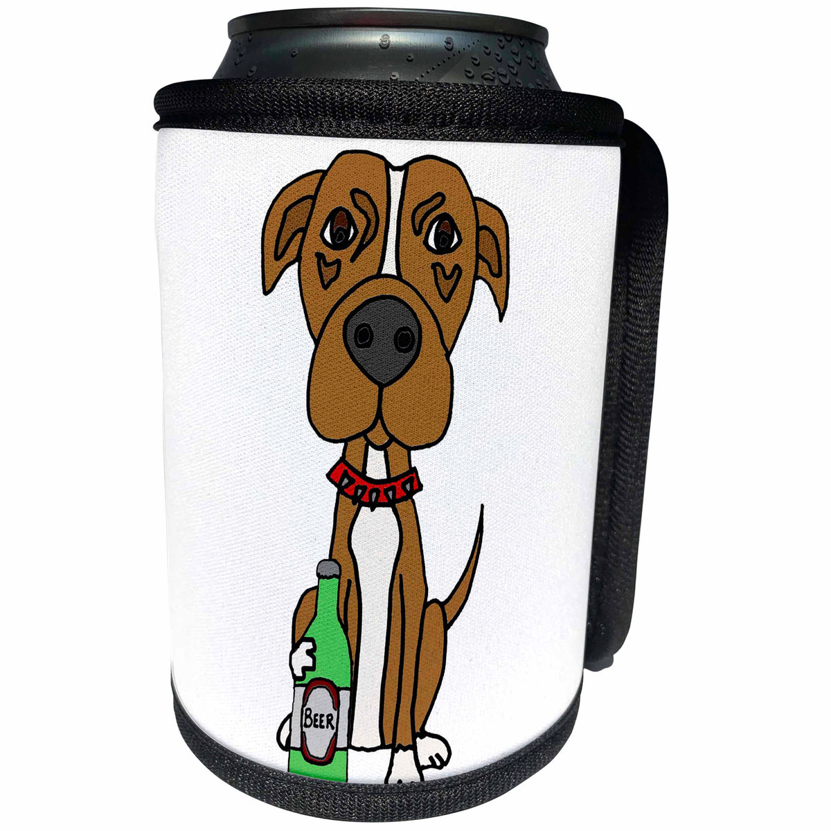 3dRose All Smiles Art - Pets - Cute Funny Brown Pit bull Puppy Dog Drinking Beer Cartoon - Can Cooler Bottle Wrap (cc_291105)