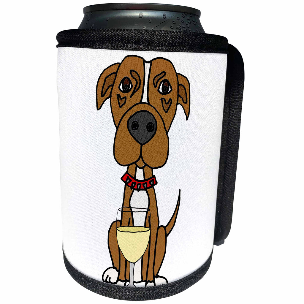 3dRose All Smiles Art - Pets - Cute Funny Brown Pit bull Puppy Dog Drinking Wine Cartoon - Can Cooler Bottle Wrap (cc_291107)