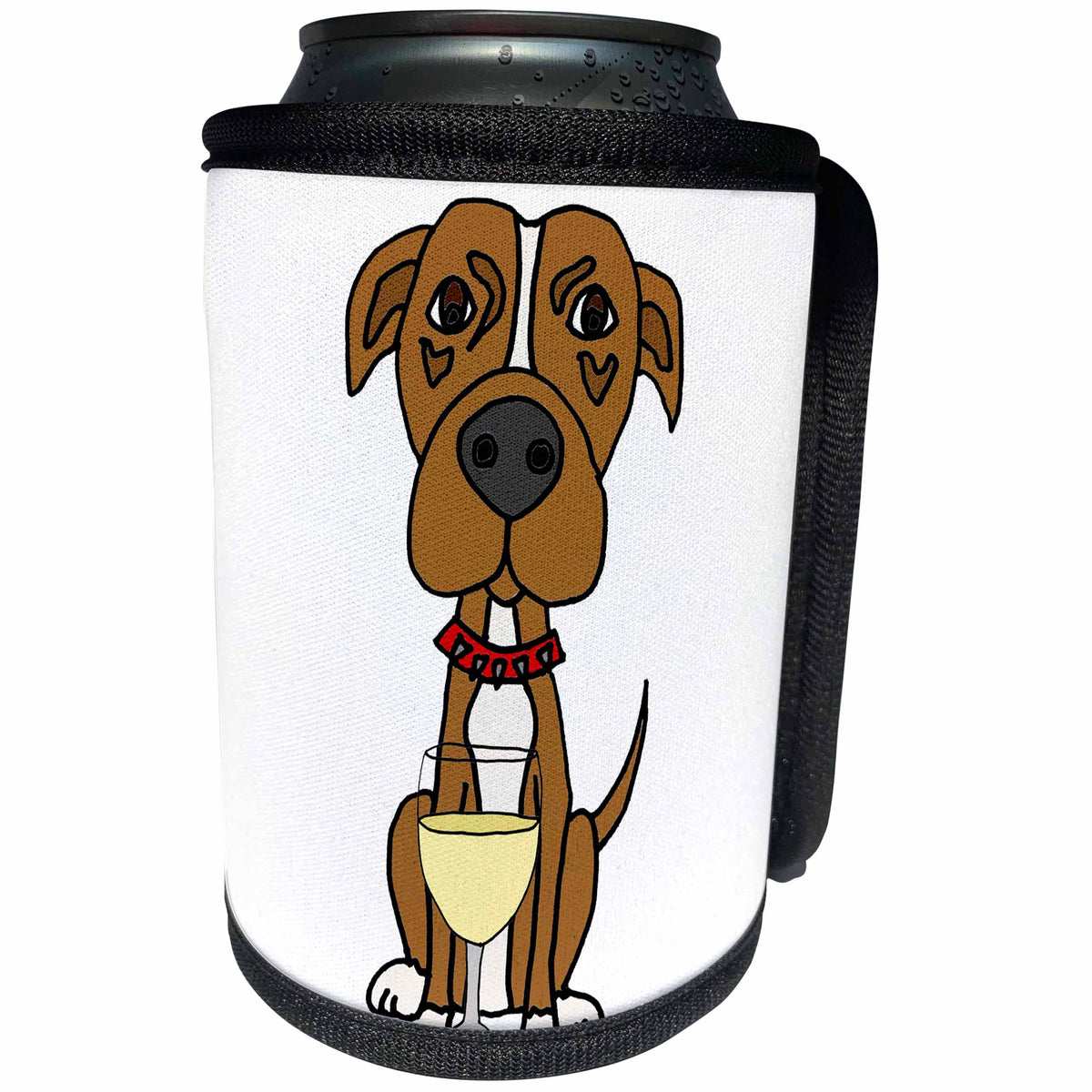 3dRose All Smiles Art - Pets - Cute Funny Brown Pit bull Puppy Dog Drinking Wine Cartoon - Can Cooler Bottle Wrap (cc_291107)