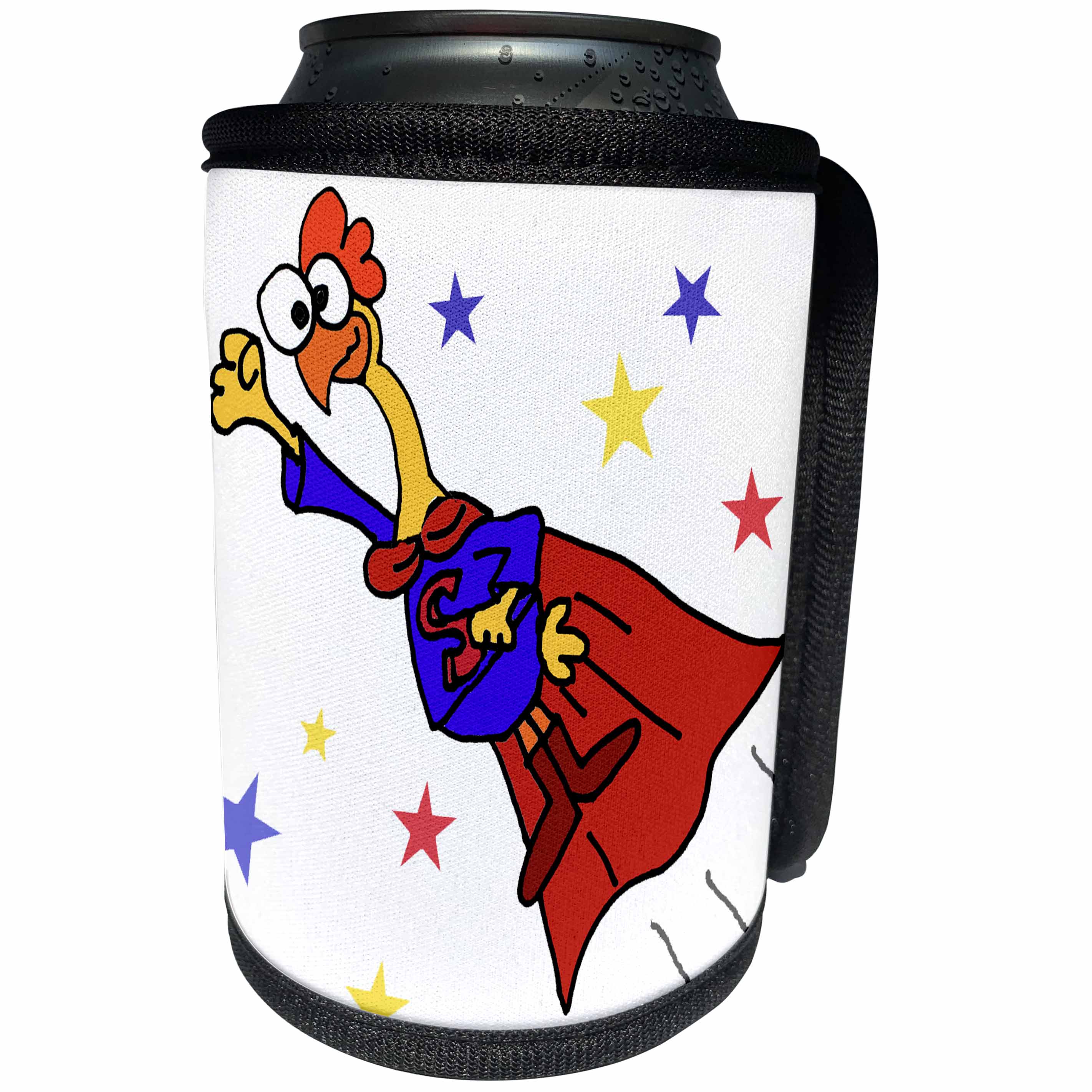 3dRose All Smiles Art - Funny - Cute Funny Flying Rubber Chicken Superhero in Red Cape - Can Cooler Bottle Wrap (cc_291110)