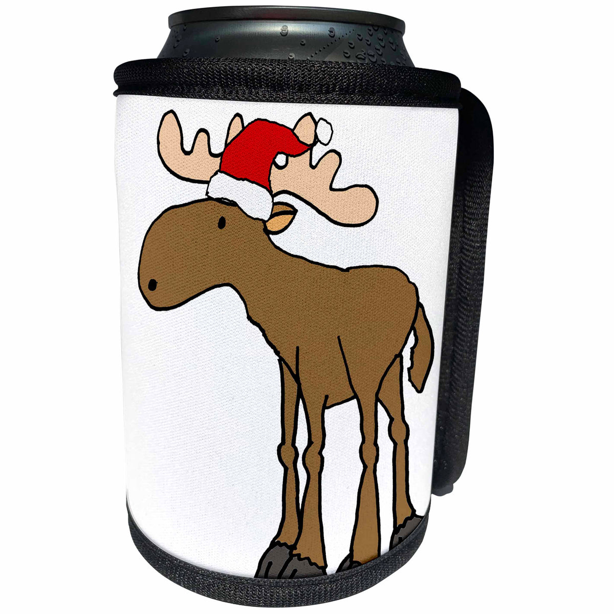 3dRose All Smiles Art - Christmas - Cute Funny Moose in Santa Hat Christmas Cartoon - Can Cooler Bottle Wrap (cc_291118)
