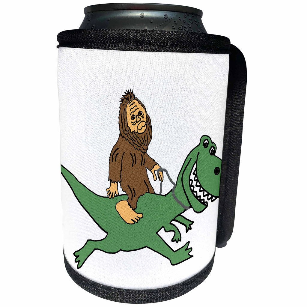 3dRose All Smiles Art - Funny - Cute Funny Unique Bigfoot Riding T-rex Dinosaur Cartoon - Can Cooler Bottle Wrap (cc_291120)