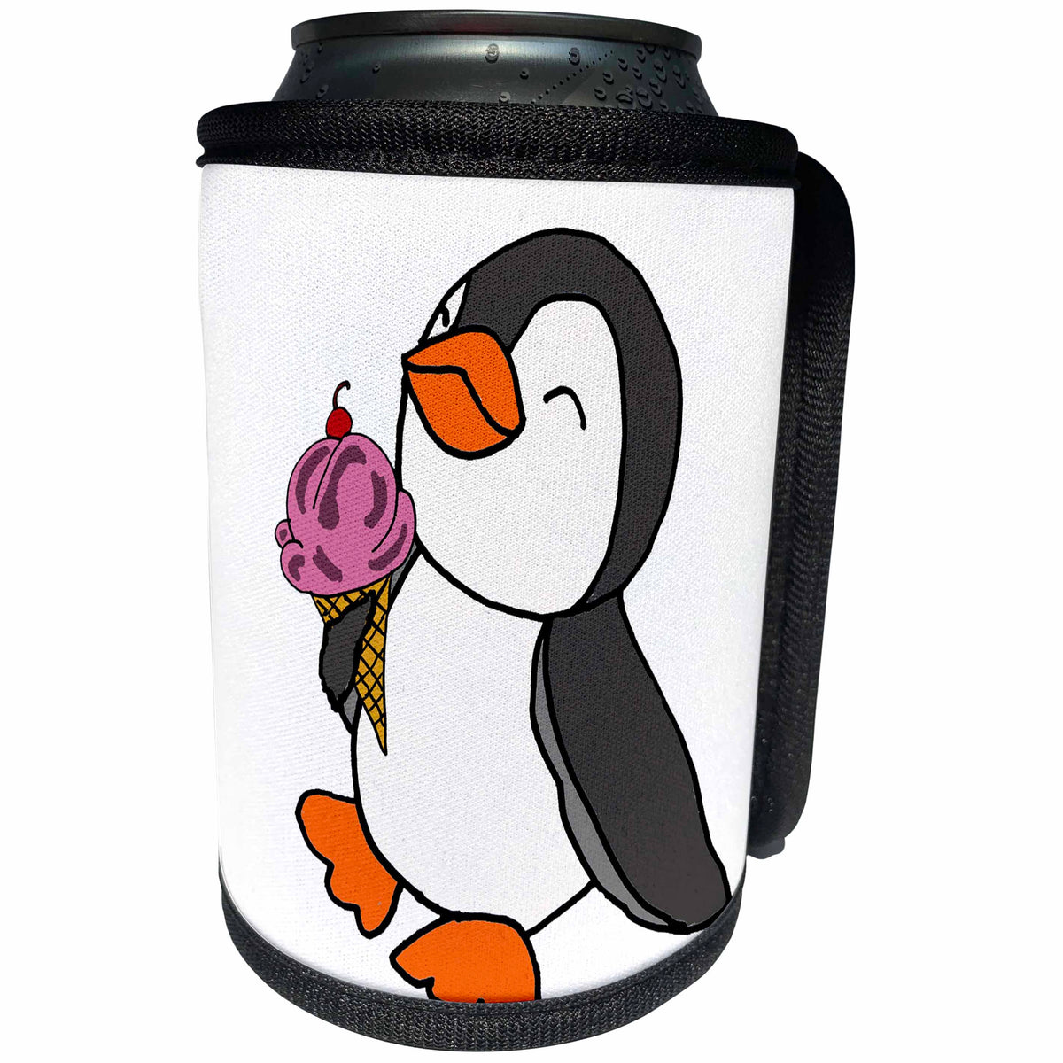 3dRose All Smiles Art - Birds - Cute Funny Unique Baby Penguin eating Ice Cream Cartoon - Can Cooler Bottle Wrap (cc_291123)