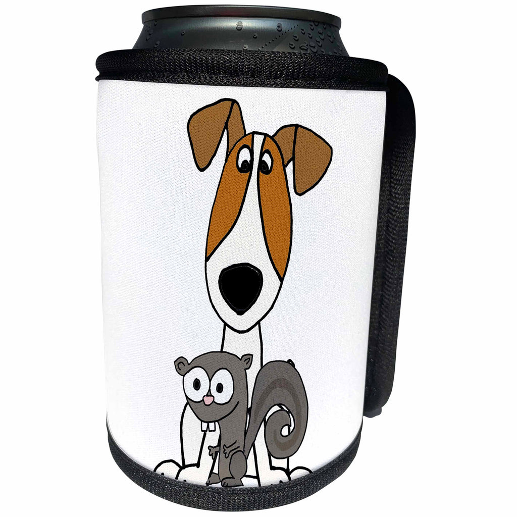 3dRose All Smiles Art - Pets - Cute Funny Jack Russell Terrier Puppy Dog with Squirrel - Can Cooler Bottle Wrap (cc_291127)