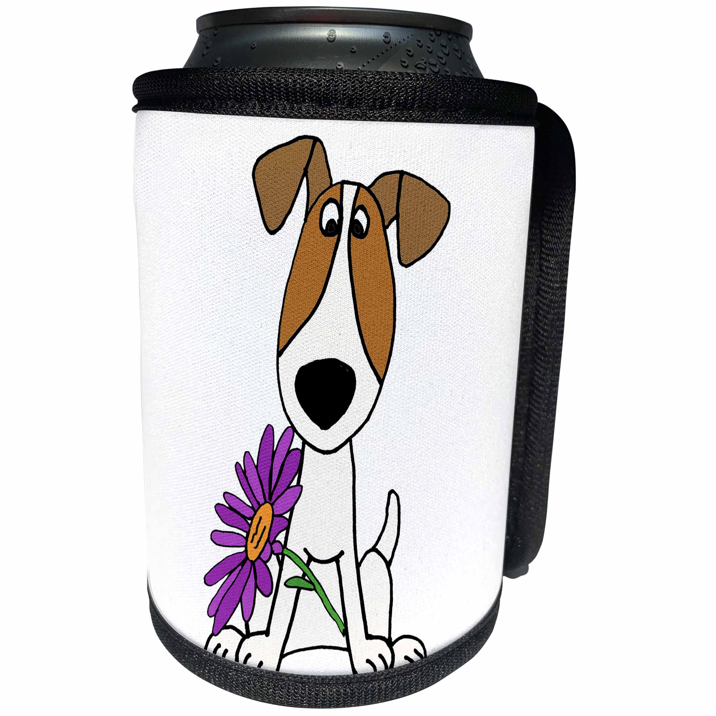 3dRose All Smiles Art - Pets - Cute Funny Jack Russell Terrier Puppy Dog with Daisy Flower - Can Cooler Bottle Wrap (cc_291135)