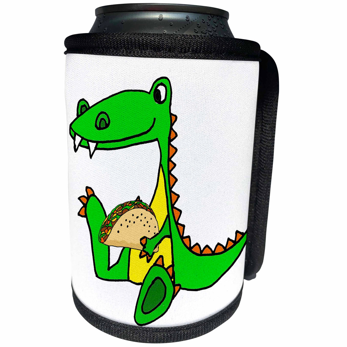 3dRose All Smiles Art - Animals - Cute Funny Unique Sitting baby Alligator eating Taco Cartoon - Can Cooler Bottle Wrap (cc_291141)