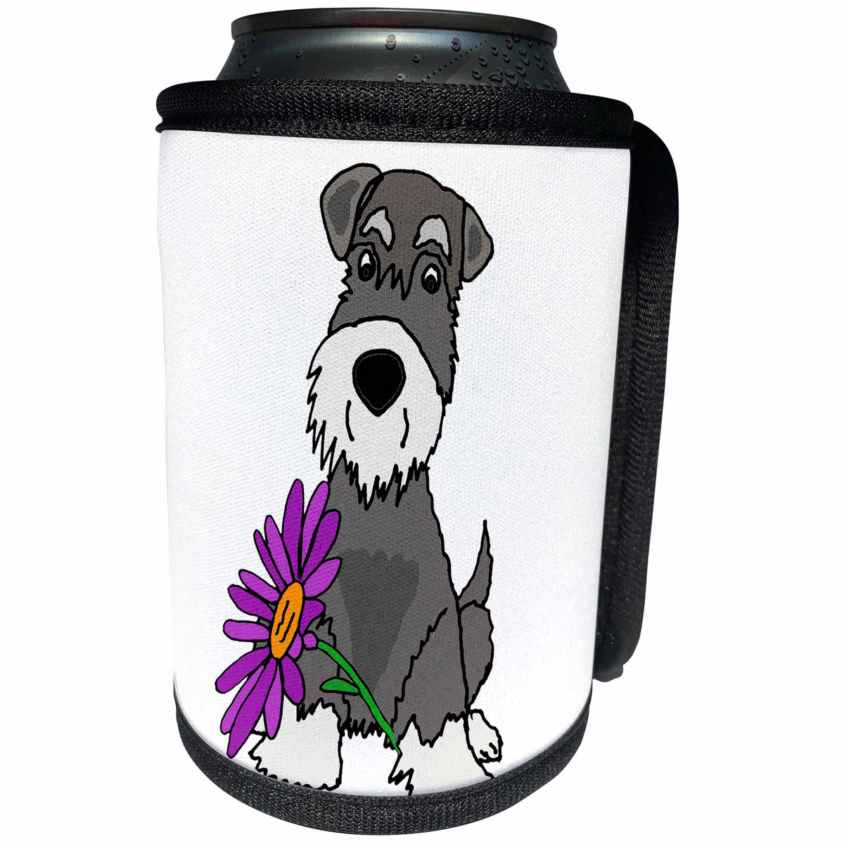 3dRose All Smiles Art - Pets - Cute Funny Miniature Schauzer Puppy Dog with Daisy Flower - Can Cooler Bottle Wrap (cc_291148)