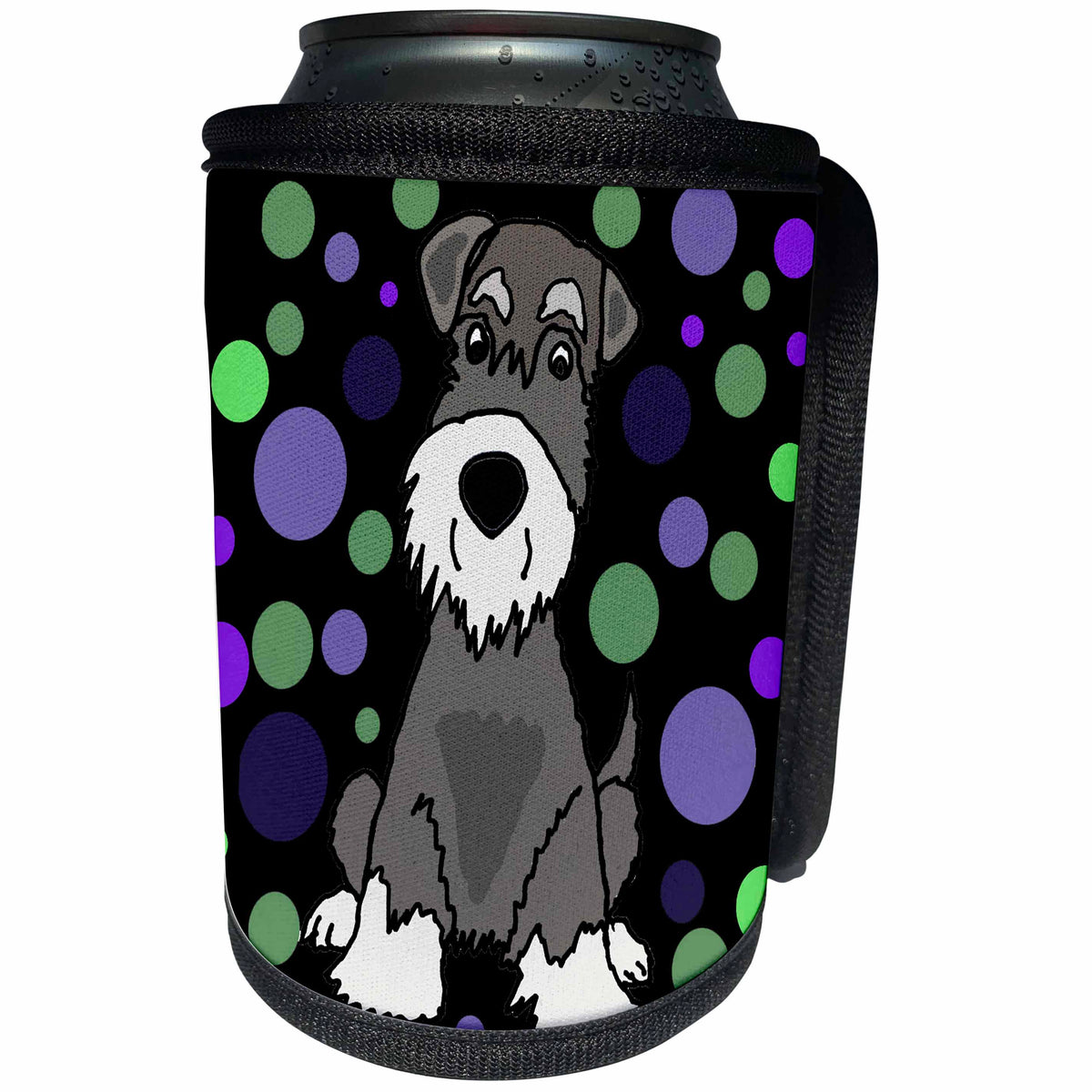 3dRose All Smiles Art - Pets - Cute Funny Miniature Schauzer Puppy Dog and Circles Abstract - Can Cooler Bottle Wrap (cc_291149)