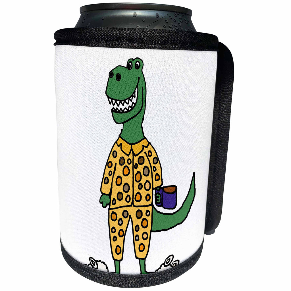 3dRose All Smiles Art - Animals - Cute Funny Trex Dinosaur in Polka Dot Pajamas with Coffee - Can Cooler Bottle Wrap (cc_291152)