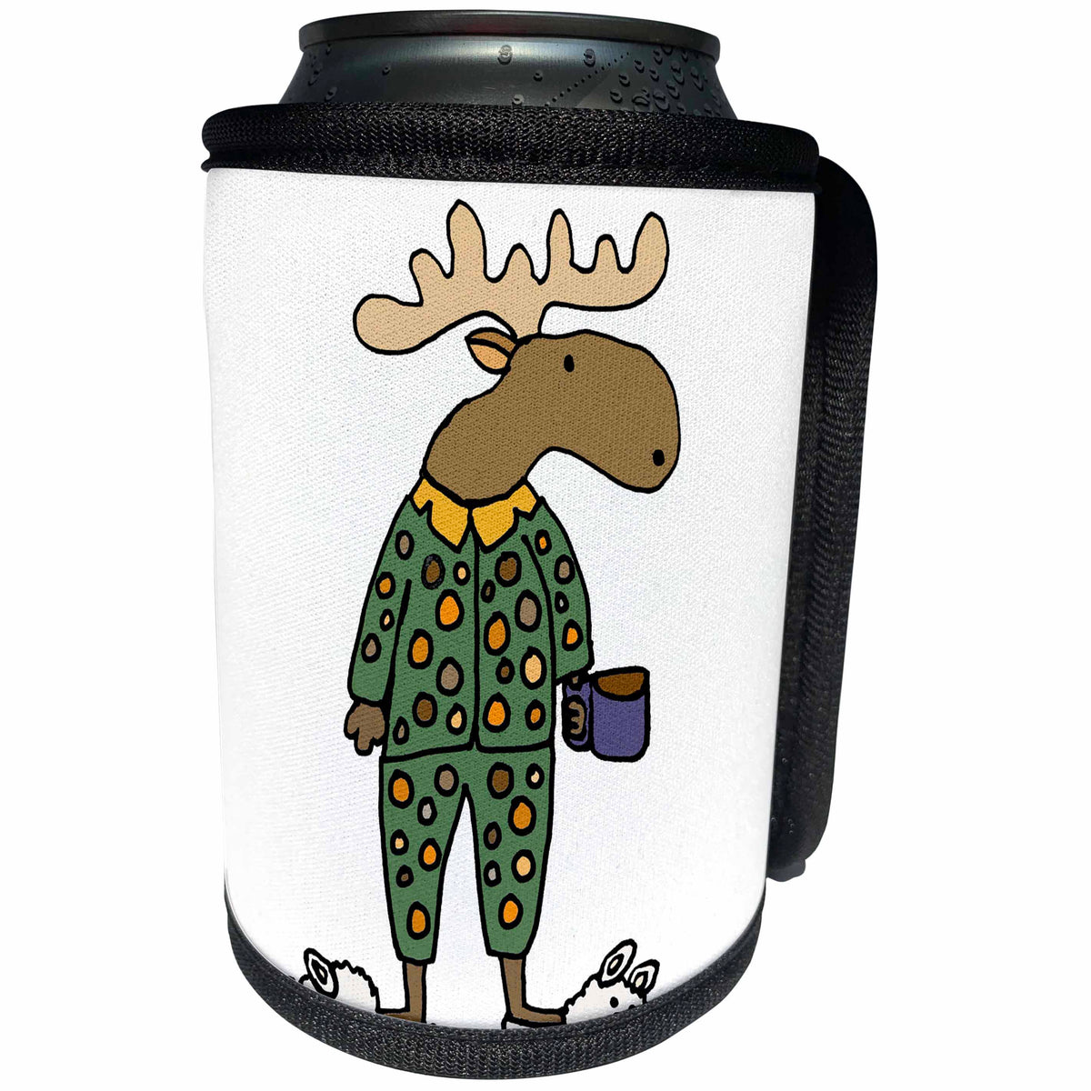 3dRose All Smiles Art - Funny - Cute Funny Moose in Polka Dot Pajamas with Coffee - Can Cooler Bottle Wrap (cc_291156)