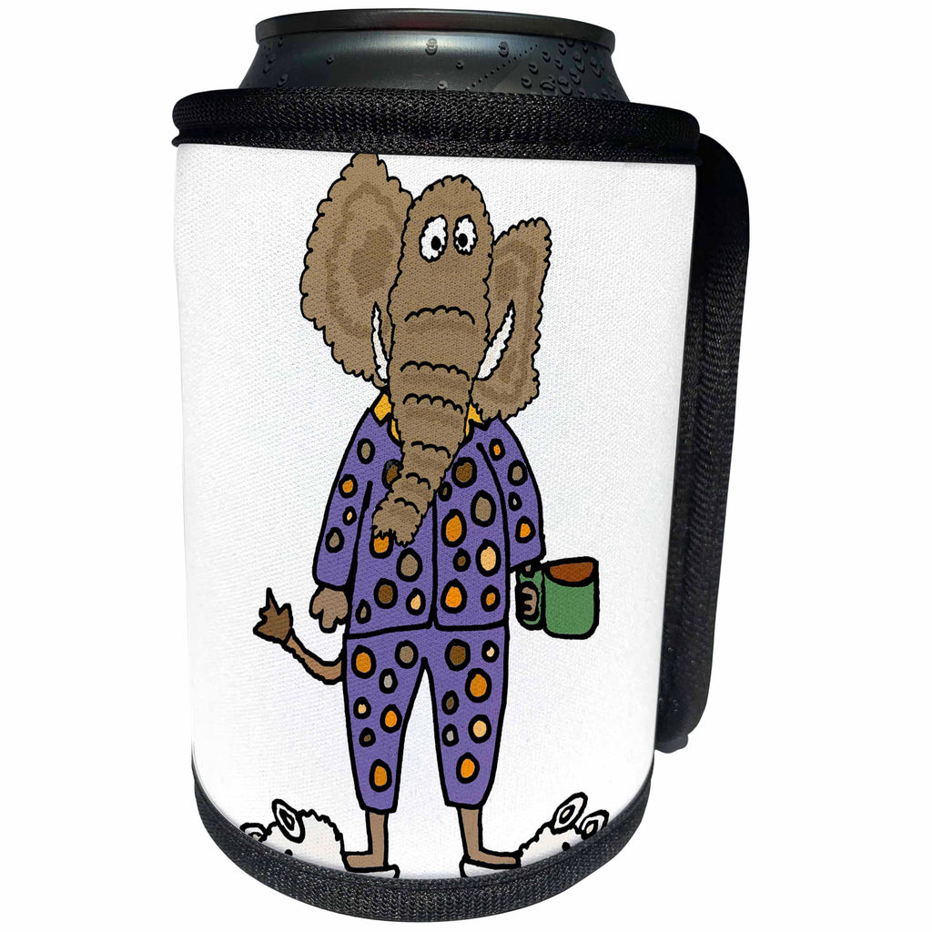 3dRose All Smiles Art - Funny - Cute Funny Elephant in Polka Dot Pajamas with Coffee - Can Cooler Bottle Wrap (cc_291157)