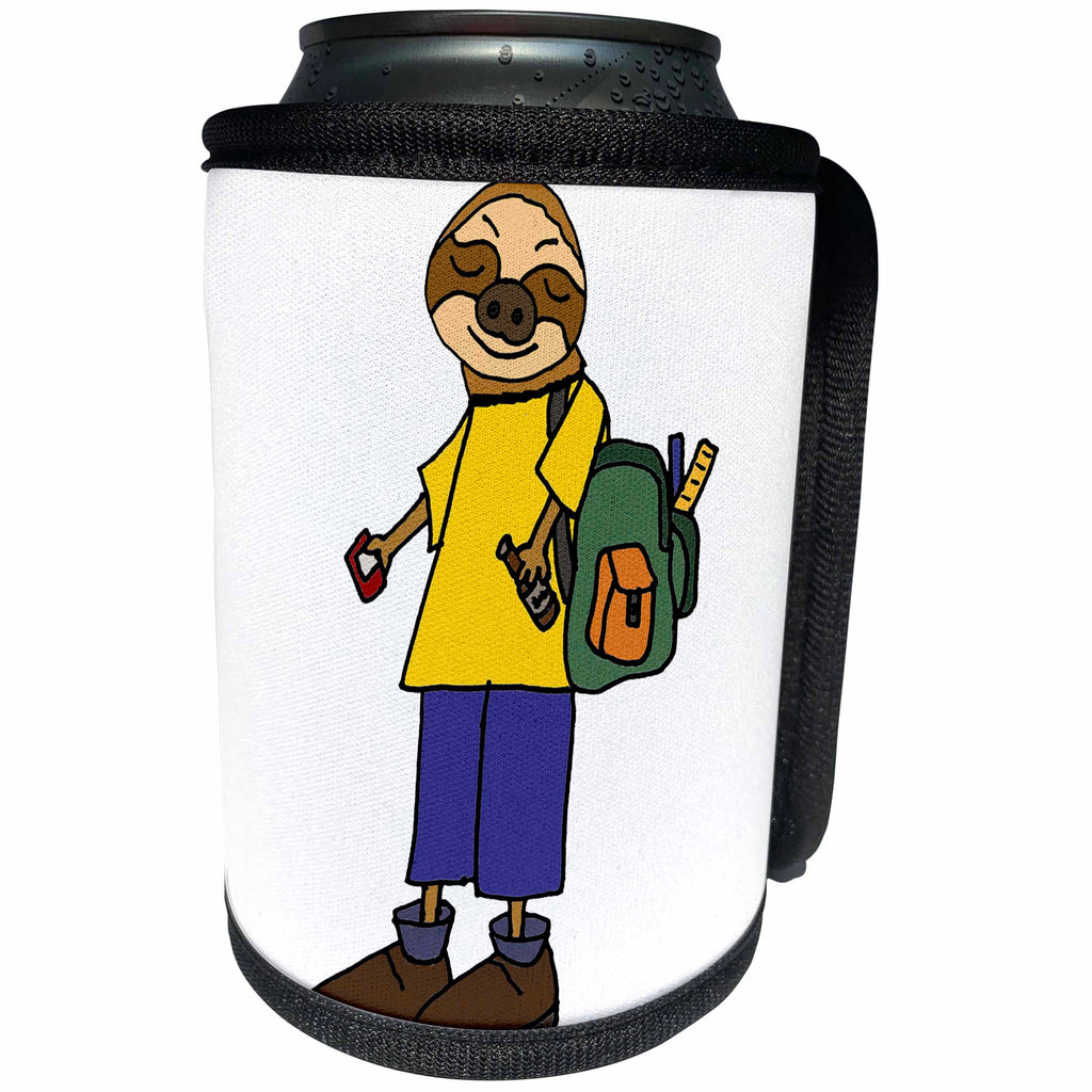 3dRose All Smiles Art - Animals - Cute Funny Unique Sloth with backpack Back to School - Can Cooler Bottle Wrap (cc_291168)