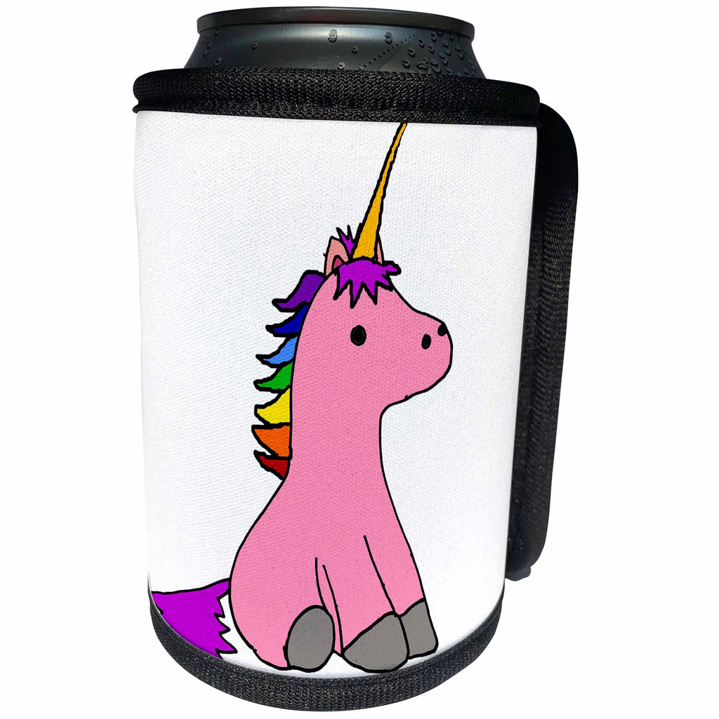 3dRose All Smiles Art - Animals - Cute Funny Unique Baby Pink Unicorn with Rainbow Horn - Can Cooler Bottle Wrap (cc_291172)
