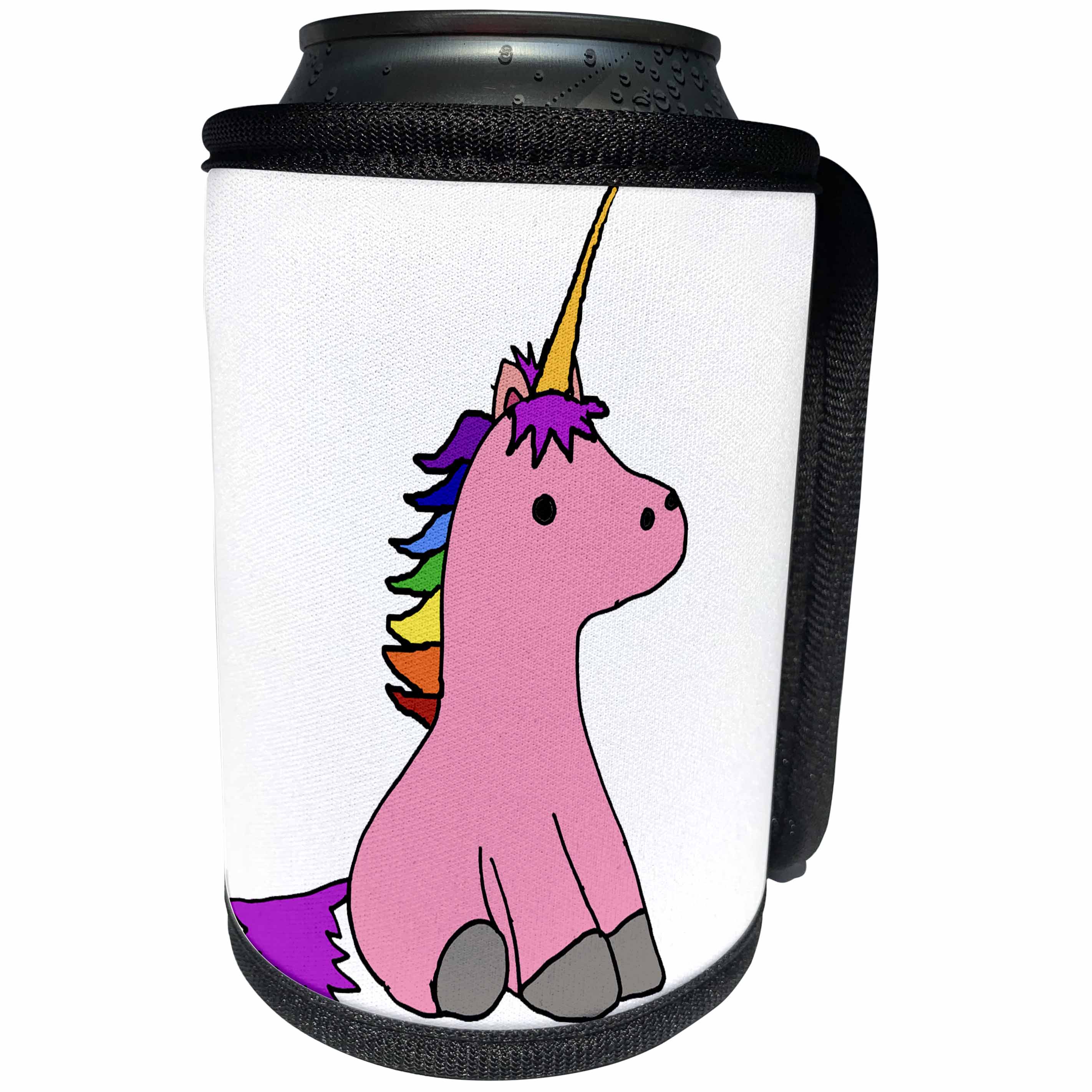 3dRose All Smiles Art - Animals - Cute Funny Unique Baby Pink Unicorn with Rainbow Horn - Can Cooler Bottle Wrap (cc_291172)