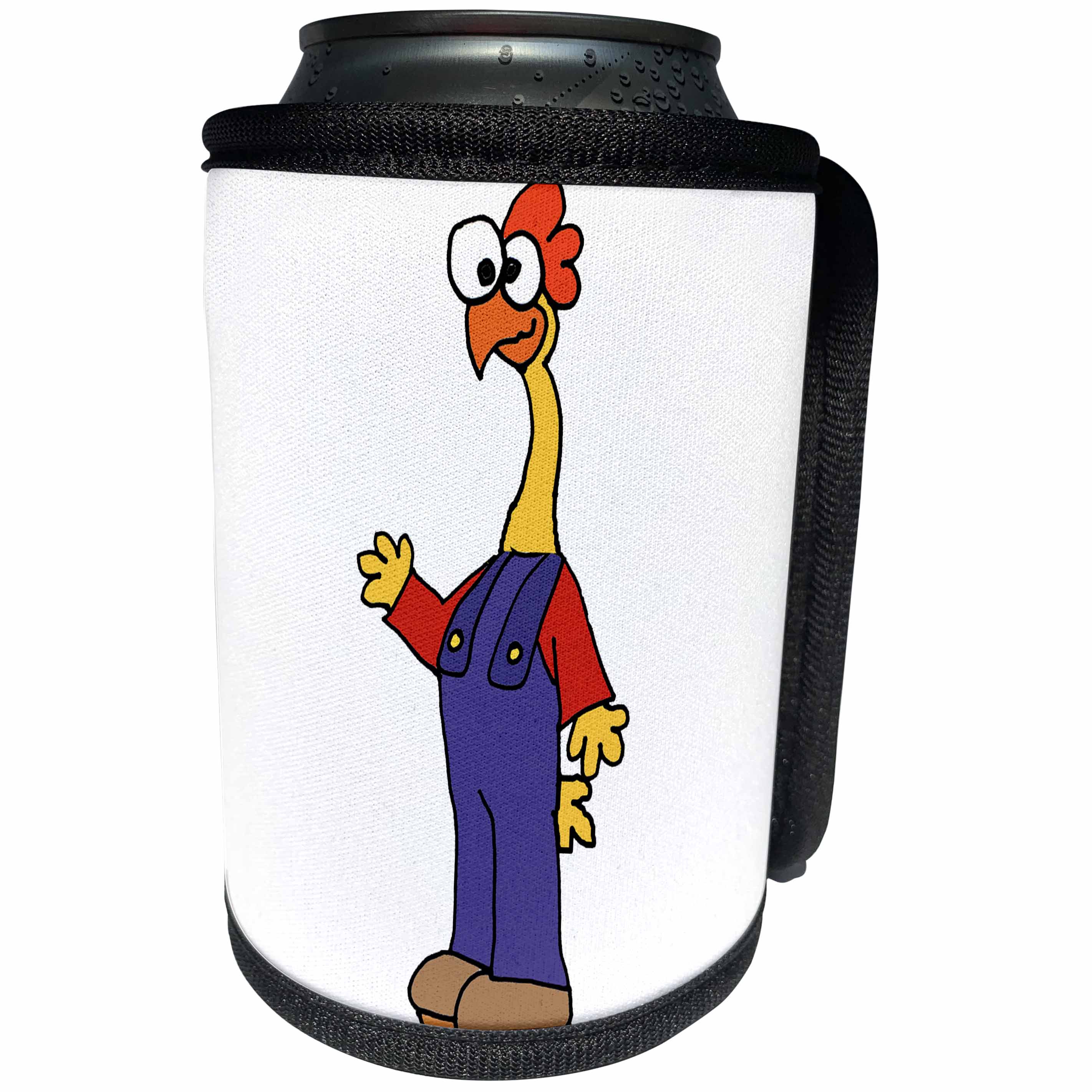 All Smiles Art - Funny - Cute Funny Unique Super Rubber Chicken in overalls with Powers - Can Cooler Bottle Wrap