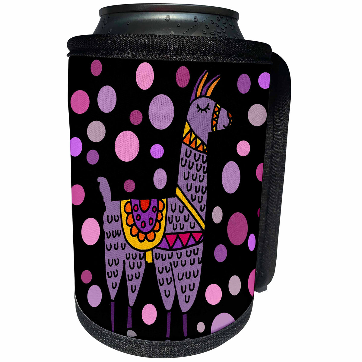 3dRose All Smiles Art - Animals - Cute Funny Purple Llama and Circles Abstract Art - Can Cooler Bottle Wrap (cc_291193)
