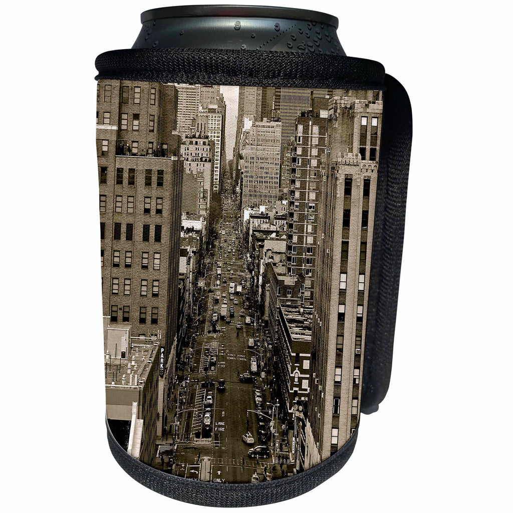 3dRose Stamp City - architecture - Sepia photograph of 8th Avenue and Horatio Street in New York, NY. - Can Cooler Bottle Wrap (cc_291266)