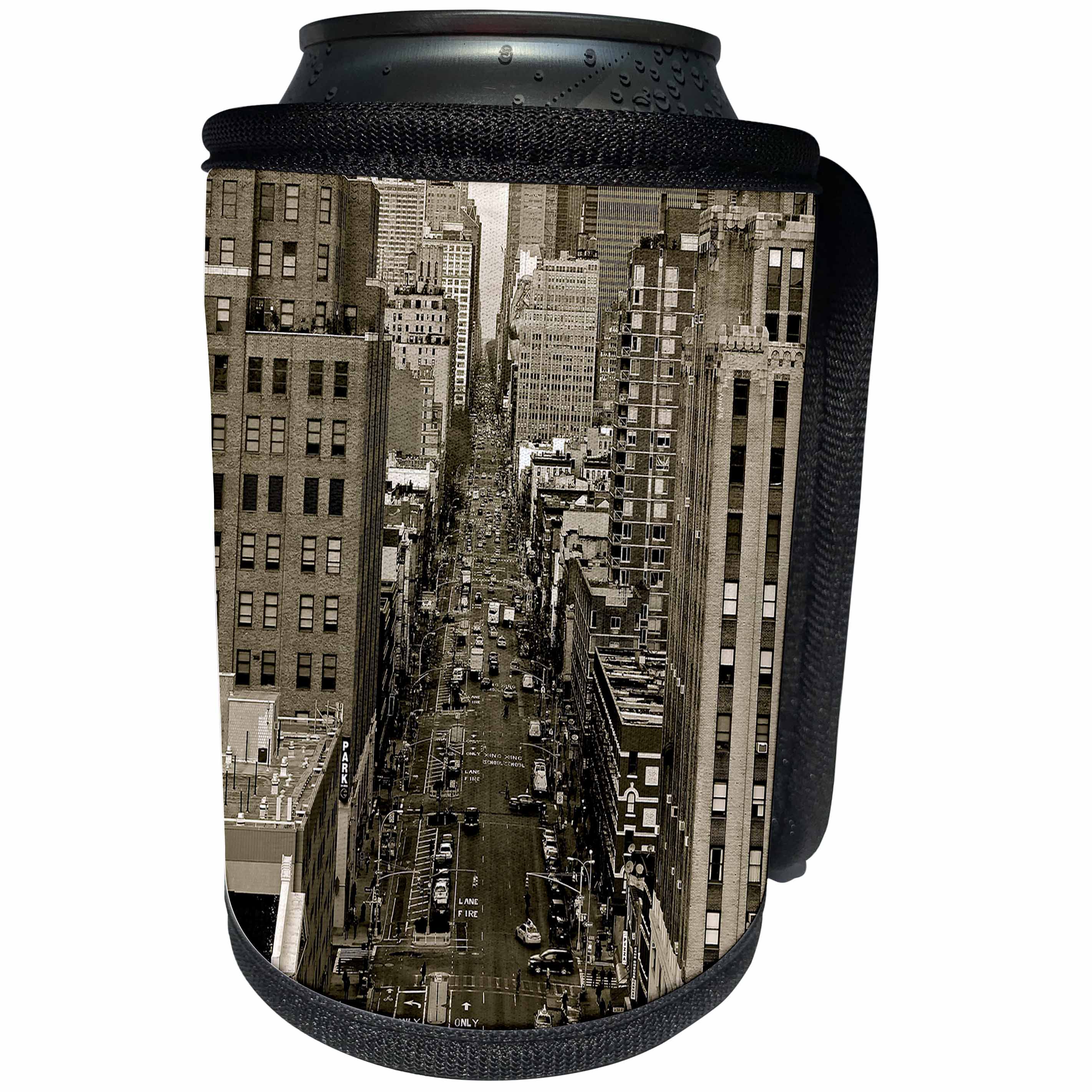 3dRose Stamp City - architecture - Sepia photograph of 8th Avenue and Horatio Street in New York, NY. - Can Cooler Bottle Wrap (cc_291266)