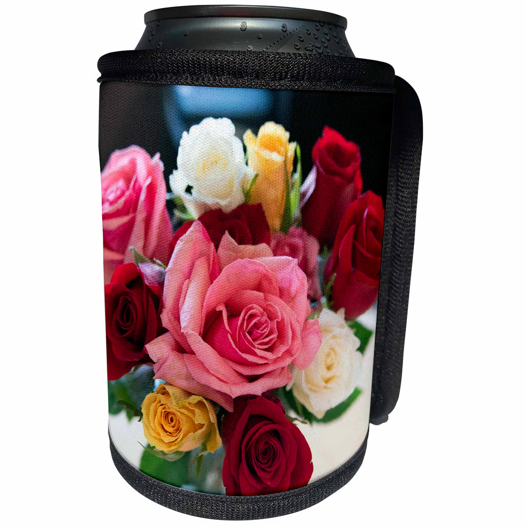 3dRose Jos Fauxtographee- Flower Bouquet - A flower bouquet of red with white and pink and yellow - Can Cooler Bottle Wrap (cc_291385)