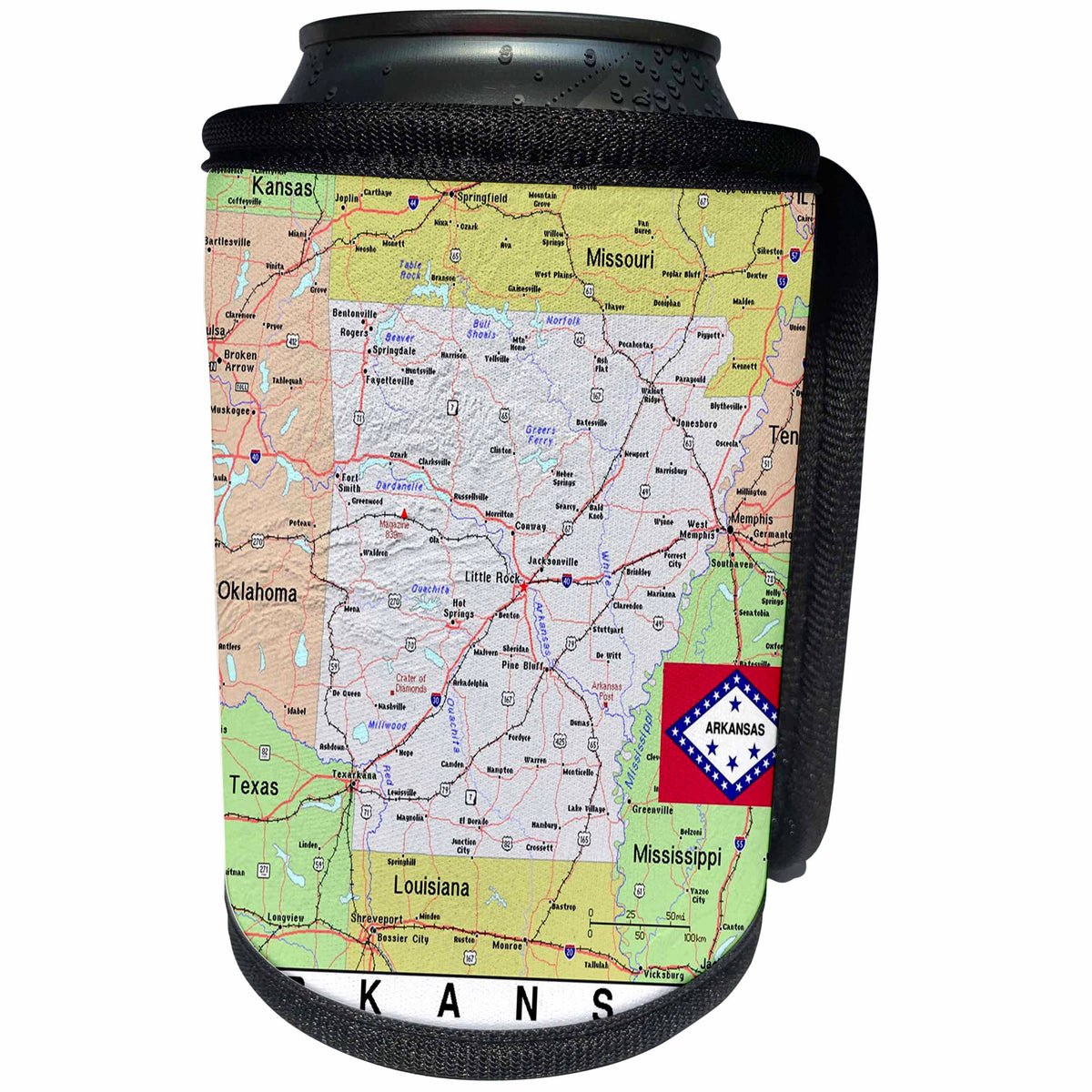 3dRose Lens Art by Florene - Topo Maps, Flags of States - Image of Arkansas Topo Map And State Flag - Can Cooler Bottle Wrap (cc_291397)