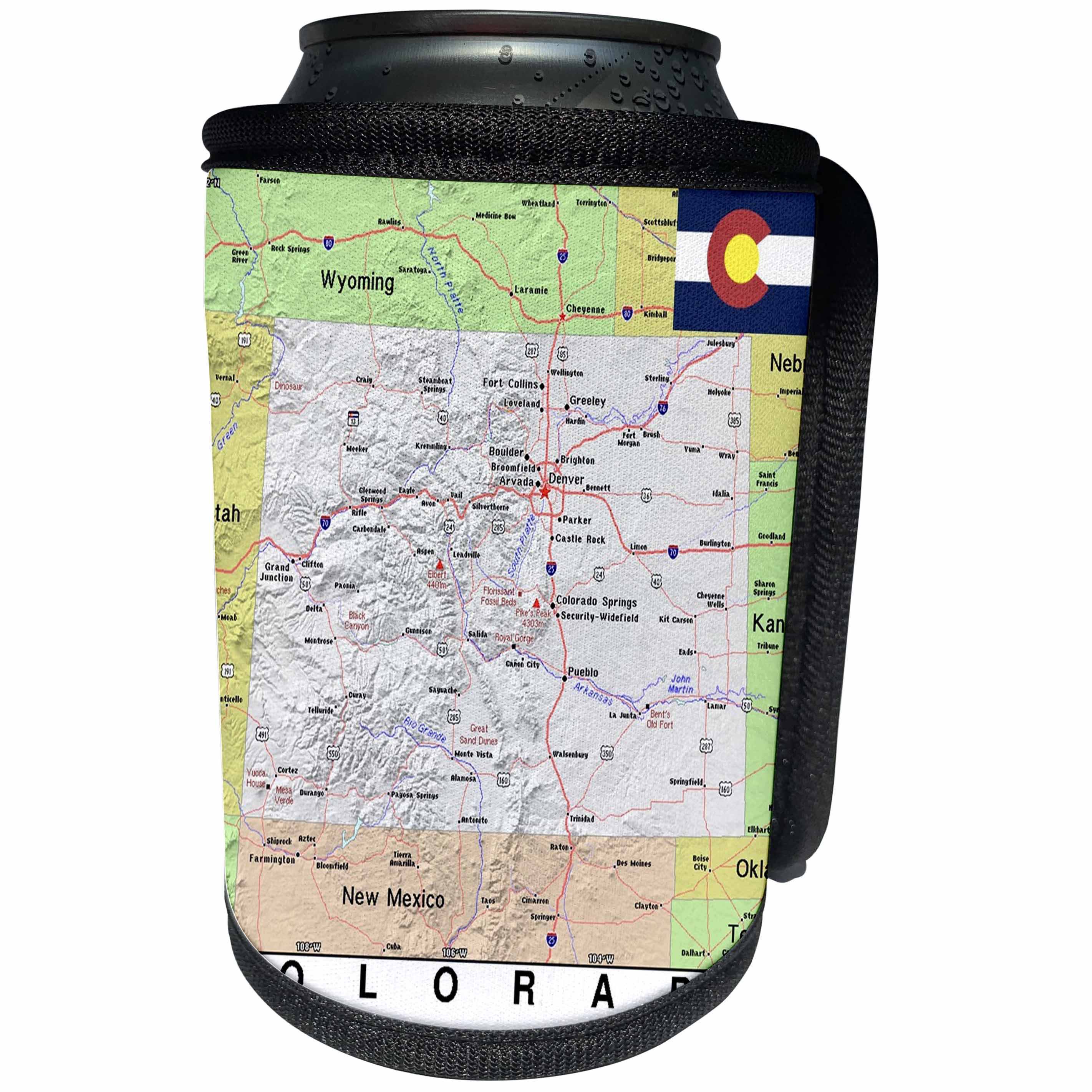3dRose Lens Art by Florene - Topo Maps, Flags of States - Image of Topographic Map Of Colorado With State Flag - Can Cooler Bottle Wrap (cc_291398)
