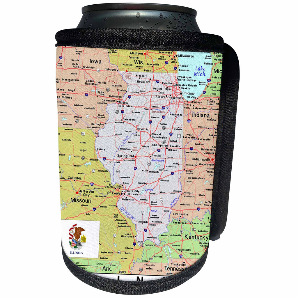 3dRose Lens Art by Florene - Topo Maps, Flags of States - Image of Topographic Map of Illinois n State Flag - Can Cooler Bottle Wrap (cc_291402)