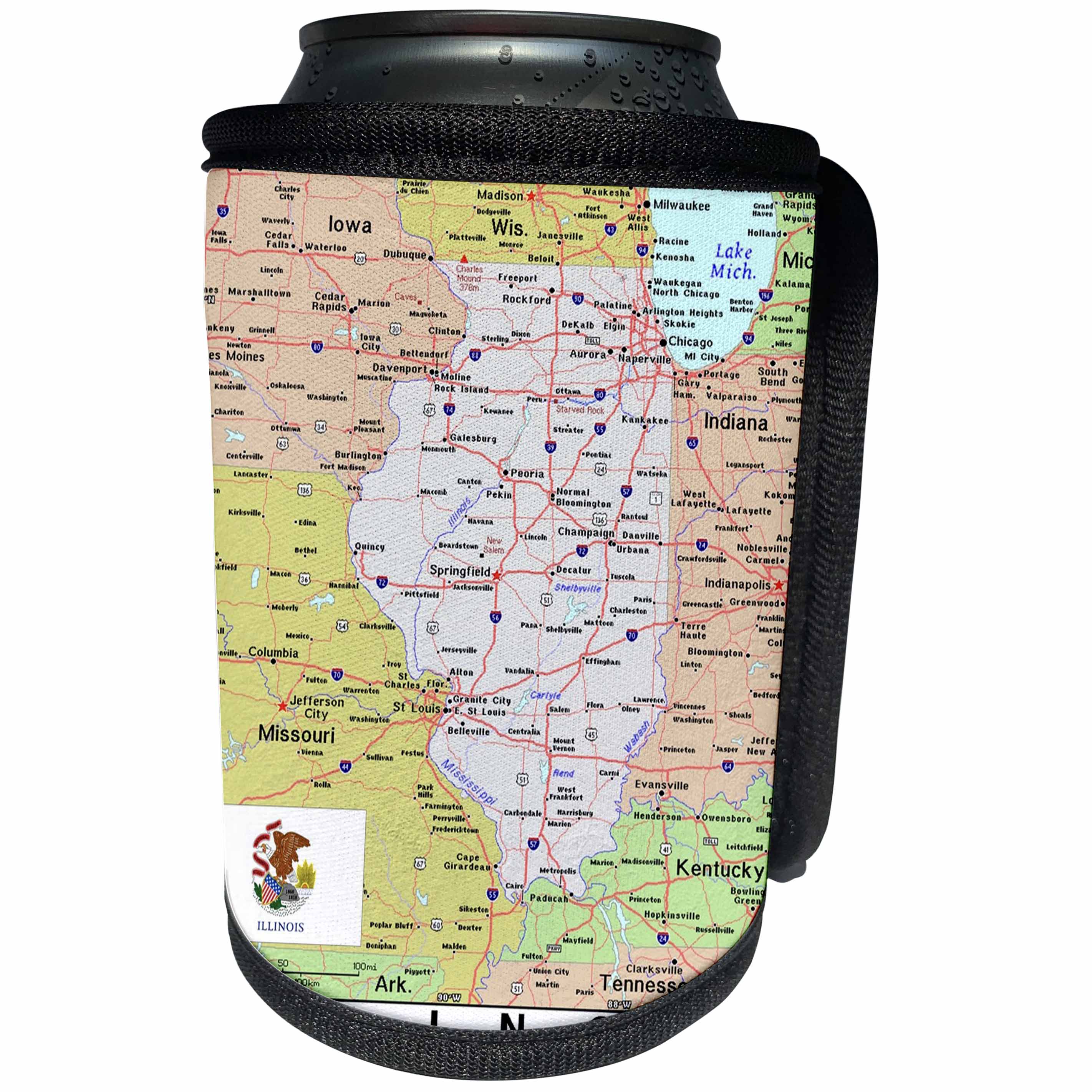 3dRose Lens Art by Florene - Topo Maps, Flags of States - Image of Topographic Map of Illinois n State Flag - Can Cooler Bottle Wrap (cc_291402)