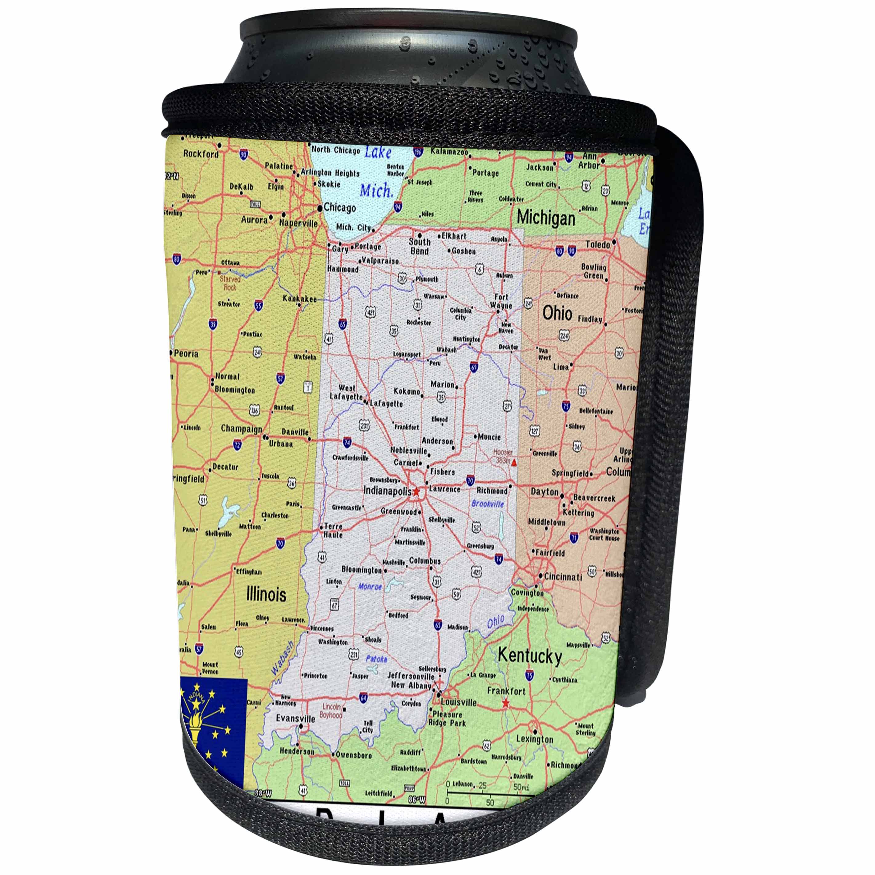 3dRose Lens Art by Florene - Topo Maps, Flags of States - Image of Topographic Map of Indiana and State Flag - Can Cooler Bottle Wrap (cc_291403)