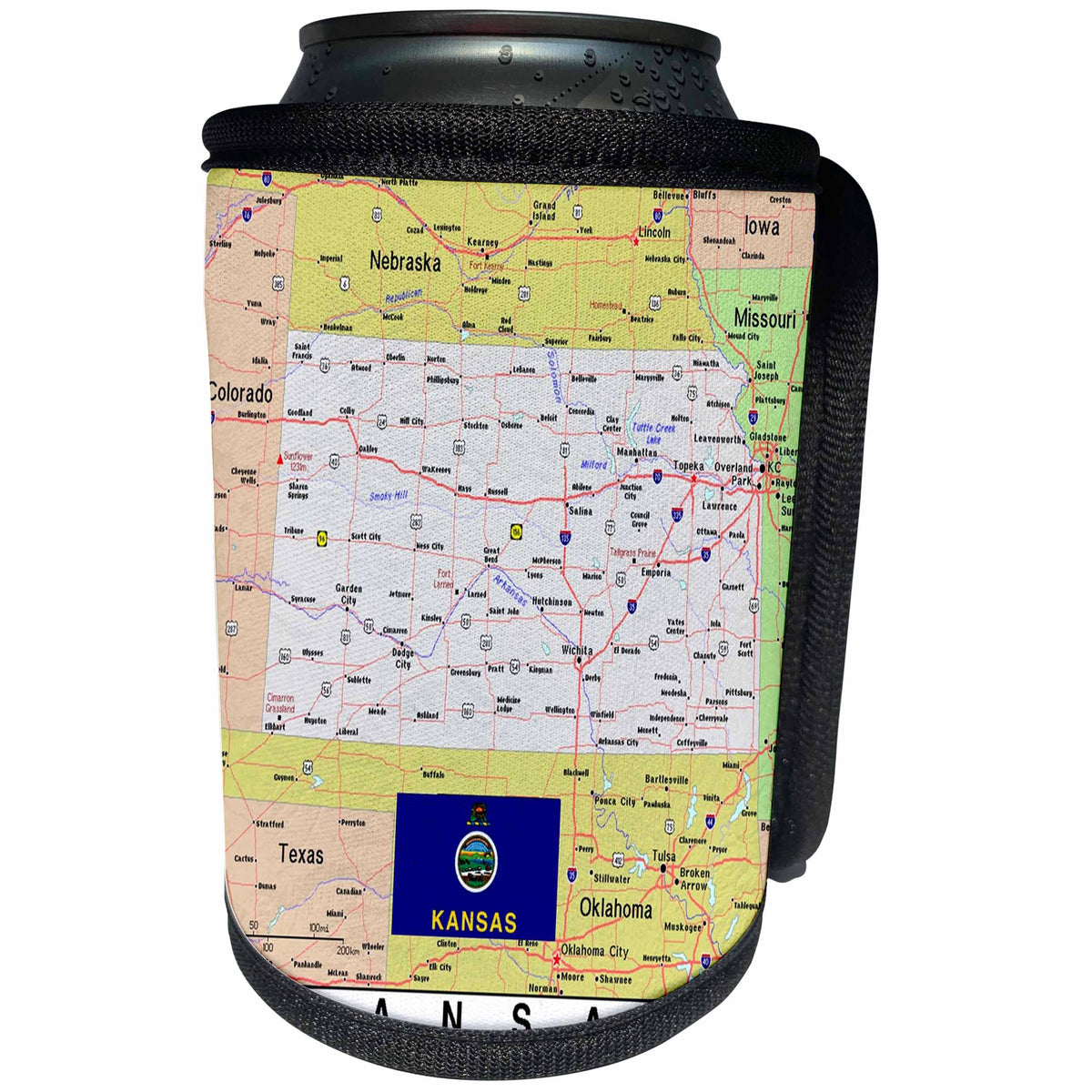 3dRose Lens Art by Florene - Topo Maps, Flags of States - Image of Kansas Topographic Map With Flag - Can Cooler Bottle Wrap (cc_291406)