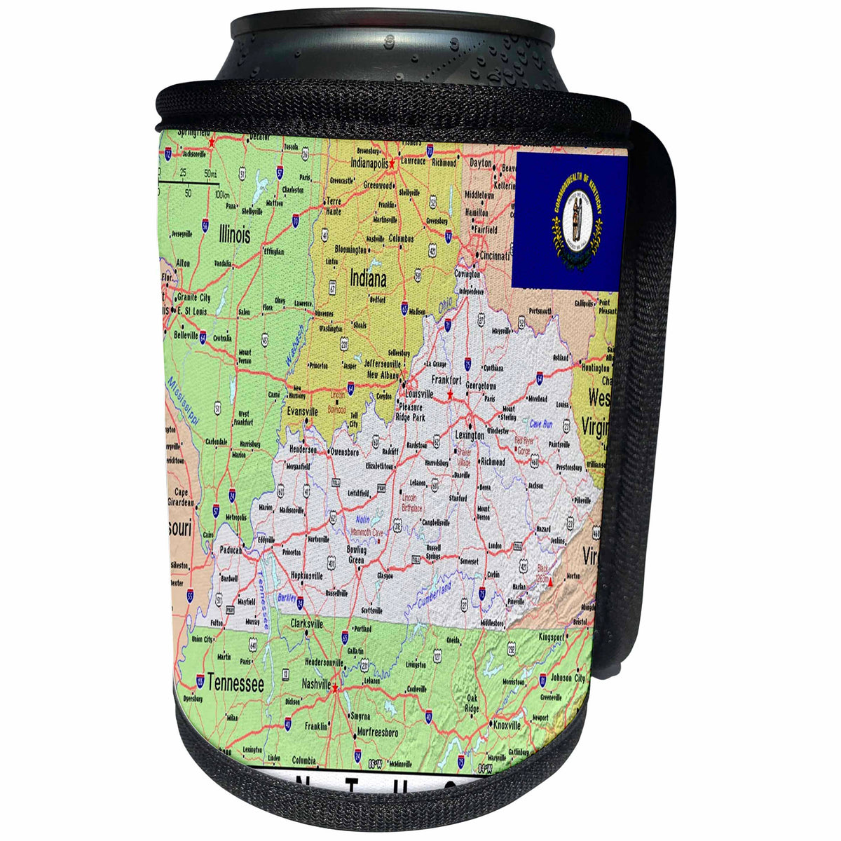 3dRose Lens Art by Florene - Topo Maps, Flags of States - Image of Topographic Map of Kentucky With State Flag - Can Cooler Bottle Wrap (cc_291407)
