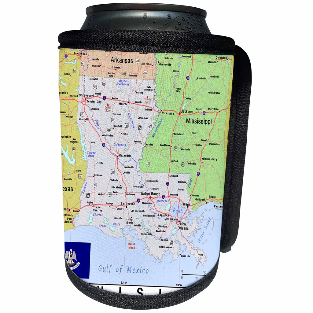 3dRose Lens Art by Florene - Topo Maps, Flags of States - Image of Louisiana Topographic Map With State Flag - Can Cooler Bottle Wrap (cc_291408)