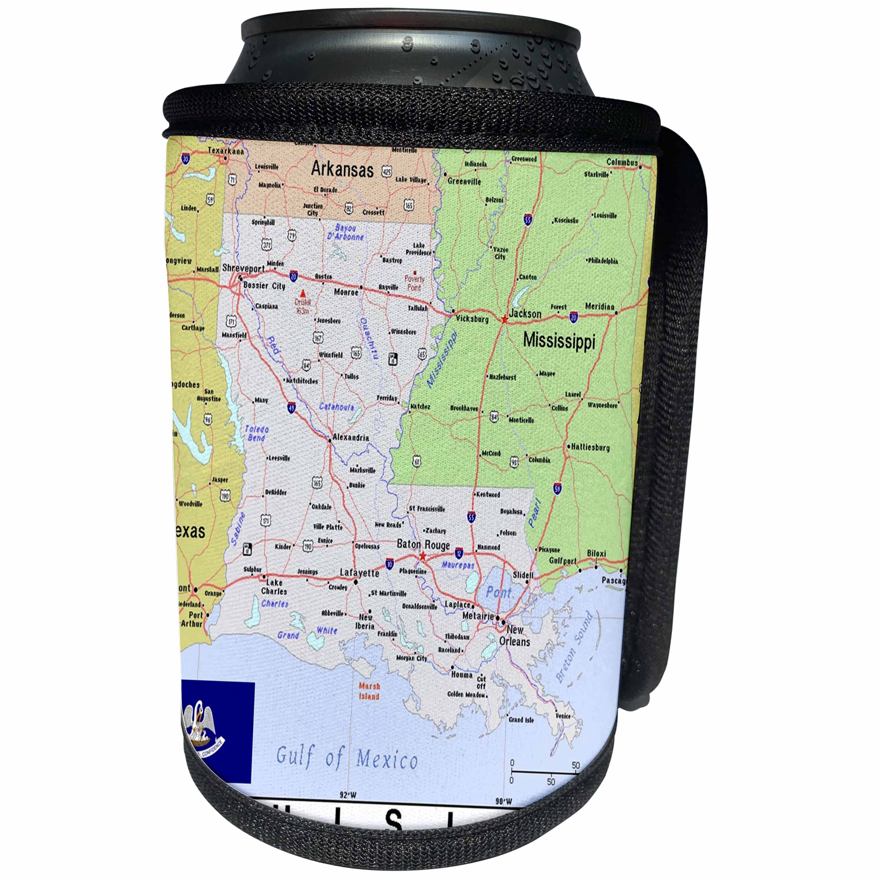 3dRose Lens Art by Florene - Topo Maps, Flags of States - Image of Louisiana Topographic Map With State Flag - Can Cooler Bottle Wrap (cc_291408)