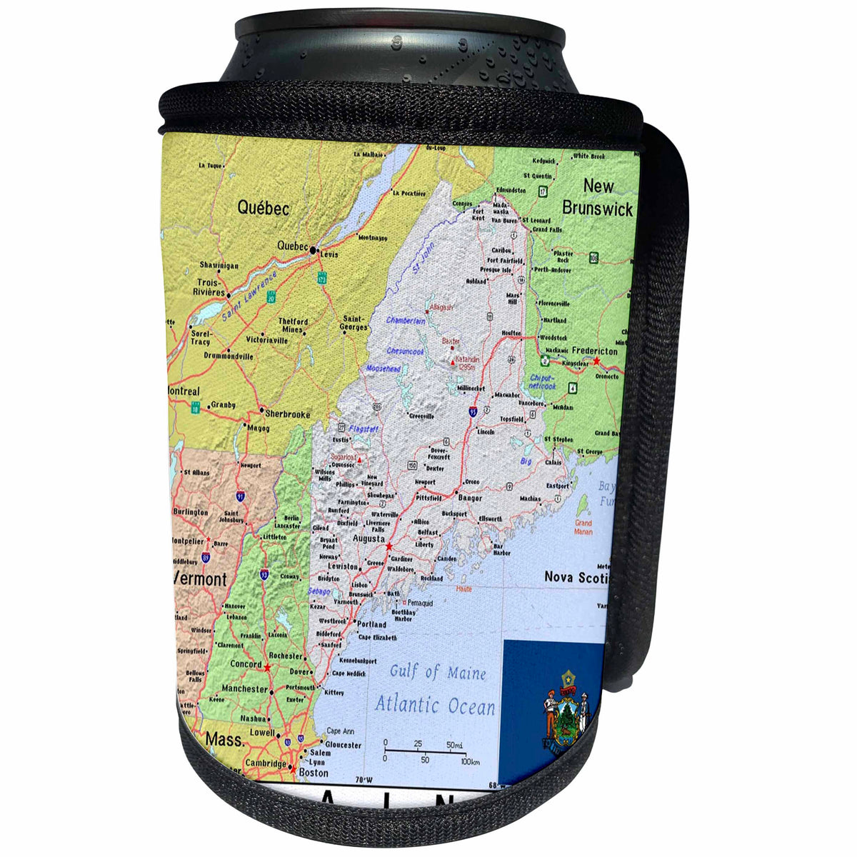 3dRose Lens Art by Florene - Topo Maps, Flags of States - Image of Maine Topographic Map And State Flag - Can Cooler Bottle Wrap (cc_291409)