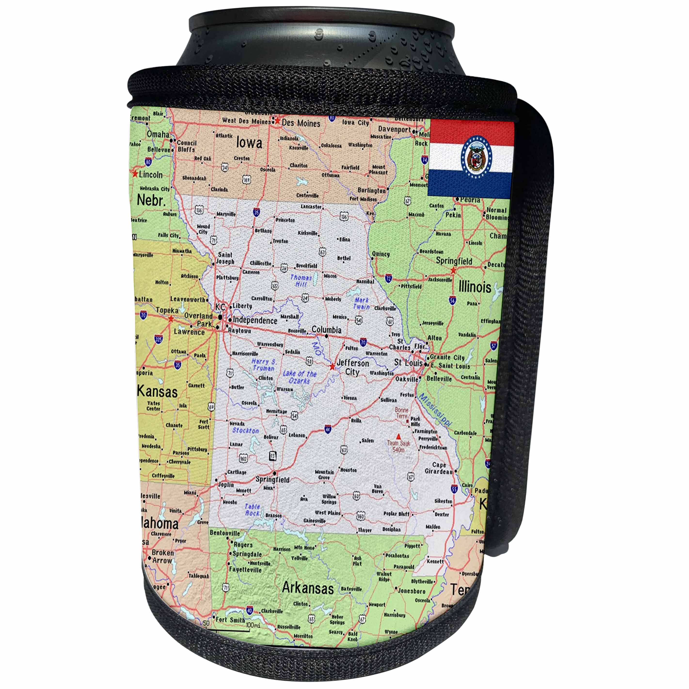 3dRose Lens Art by Florene - Topo Maps, Flags of States - Image of Topographic Map of Missouri With Flag - Can Cooler Bottle Wrap (cc_291412)