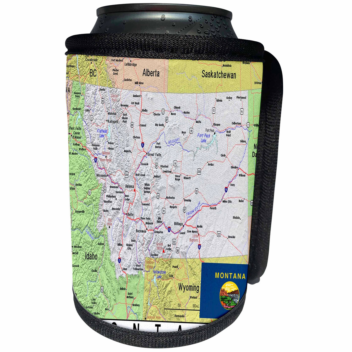 3dRose Lens Art by Florene - Topo Maps, Flags of States - Image of Montana Topographic Map With State Flag - Can Cooler Bottle Wrap (cc_291413)