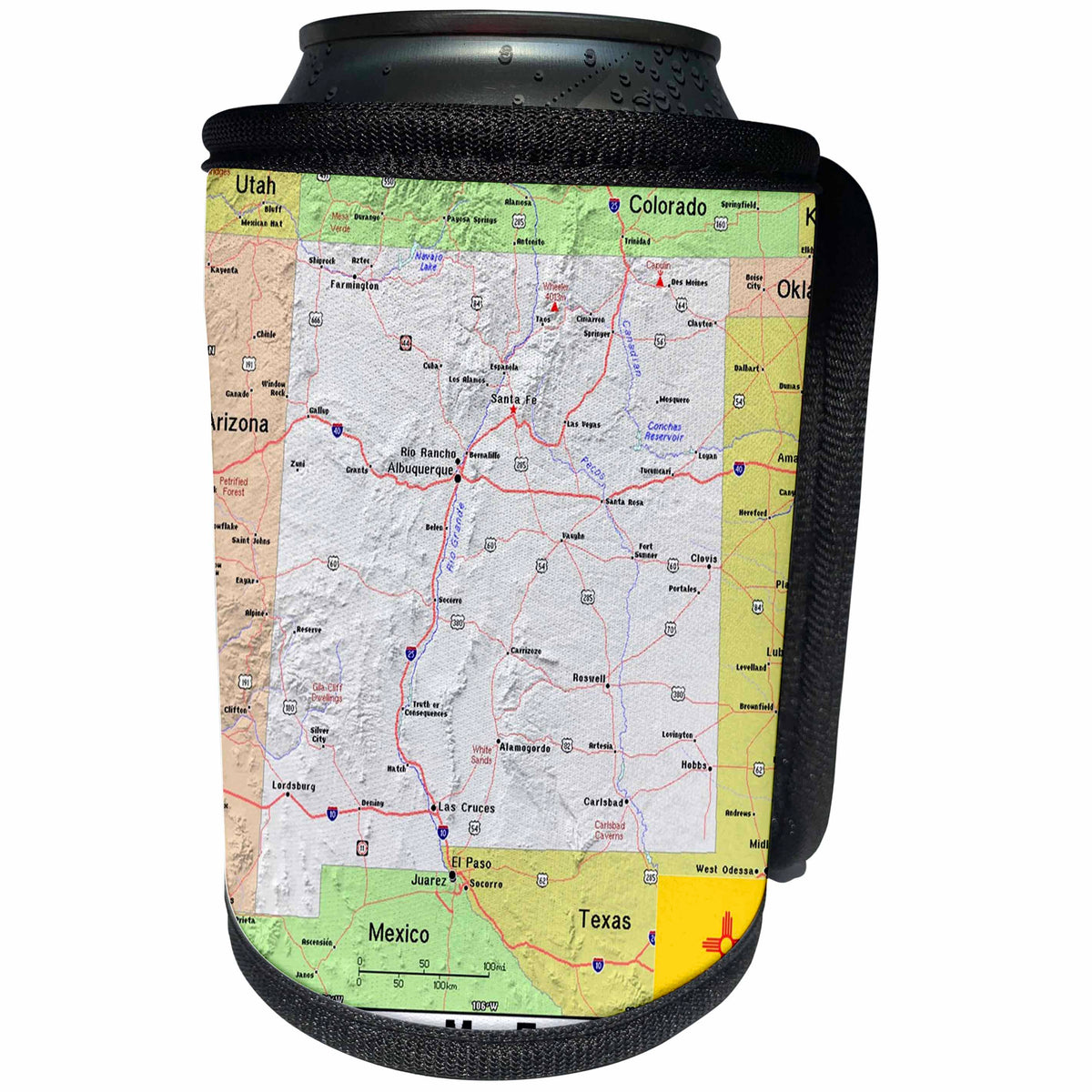 3dRose Lens Art by Florene - Topo Maps, Flags of States - Image of New Mexico Topographic Map With Flag - Can Cooler Bottle Wrap (cc_291415)