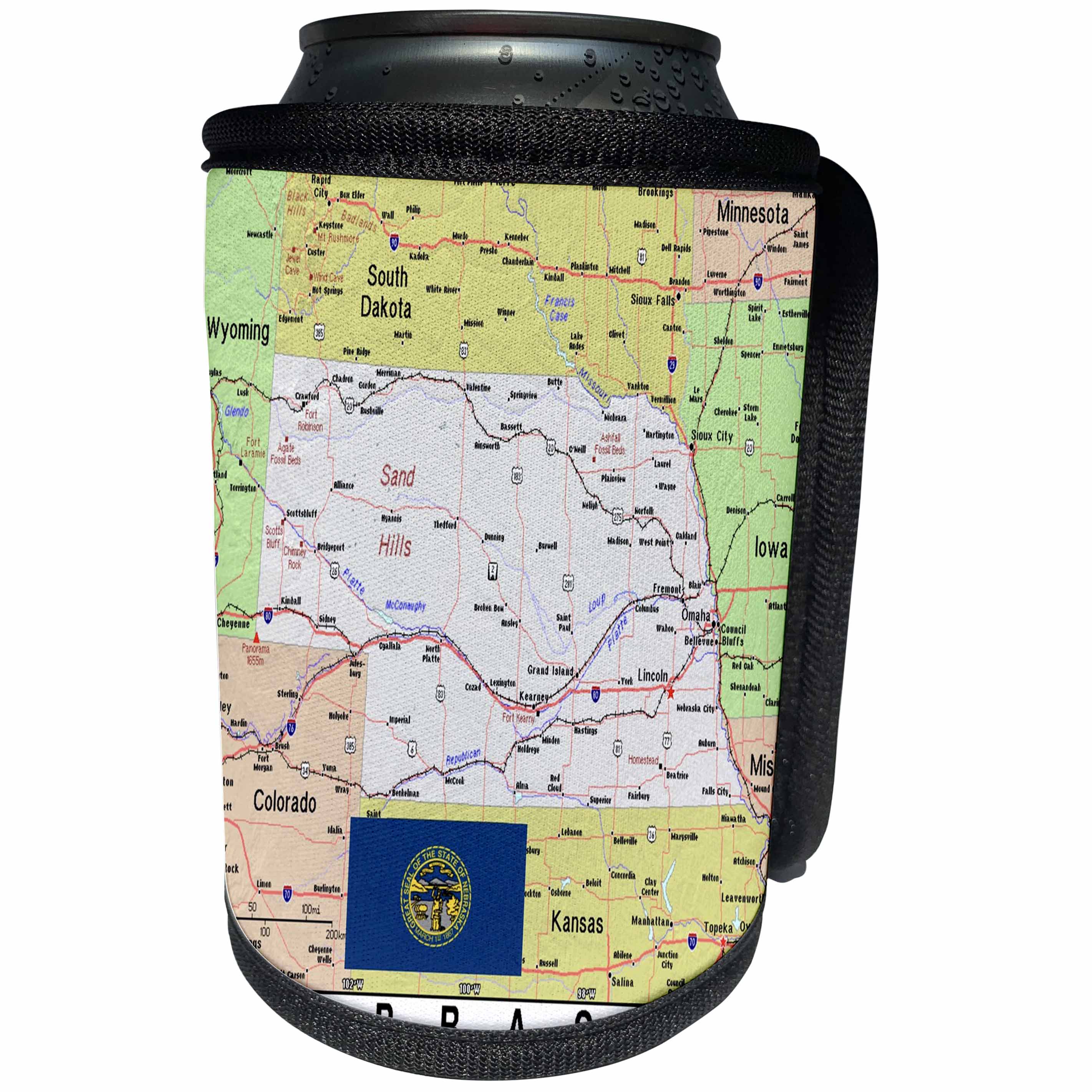 3dRose Lens Art by Florene - Topo Maps, Flags of States - Image of Topographic Map of Nebraska With Flag - Can Cooler Bottle Wrap (cc_291417)