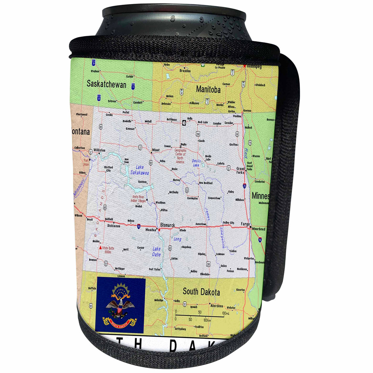 3dRose Lens Art by Florene - Topo Maps, Flags of States - Image of Topographic Map of North Dakota And Flag - Can Cooler Bottle Wrap (cc_291419)