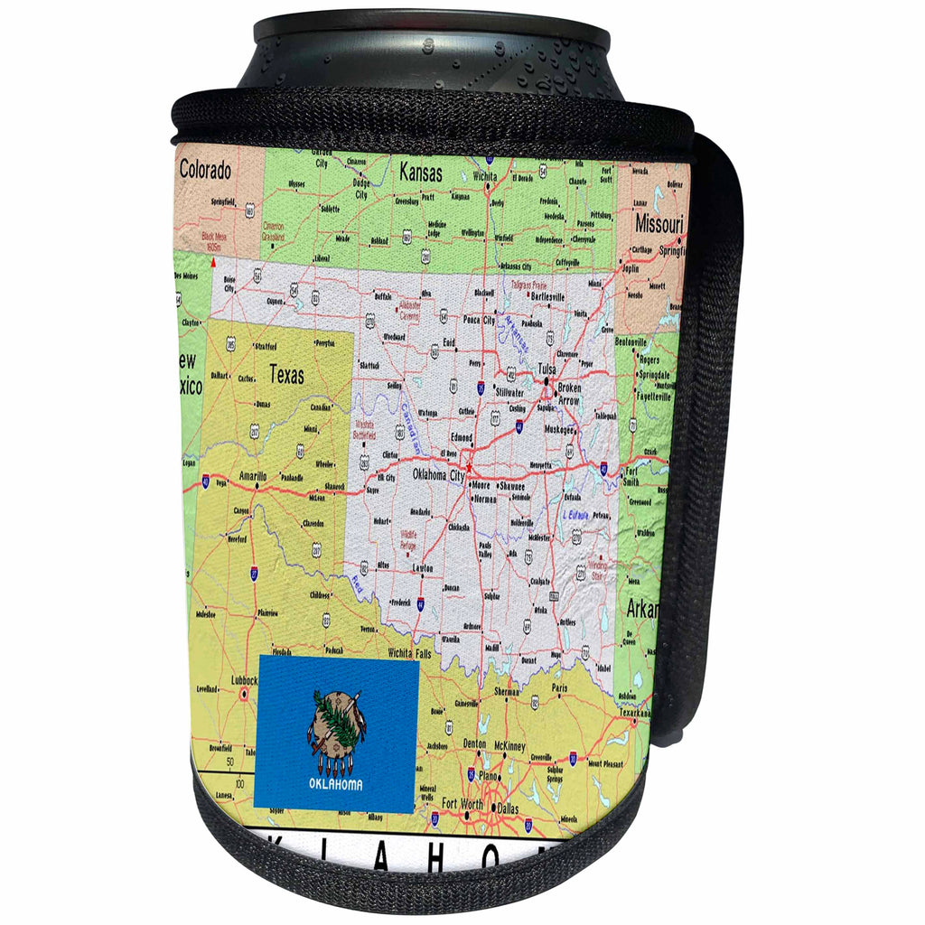 3dRose Lens Art by Florene - Topo Maps, Flags of States - Image of Oklahoma Topographic Map With Flag - Can Cooler Bottle Wrap (cc_291420)