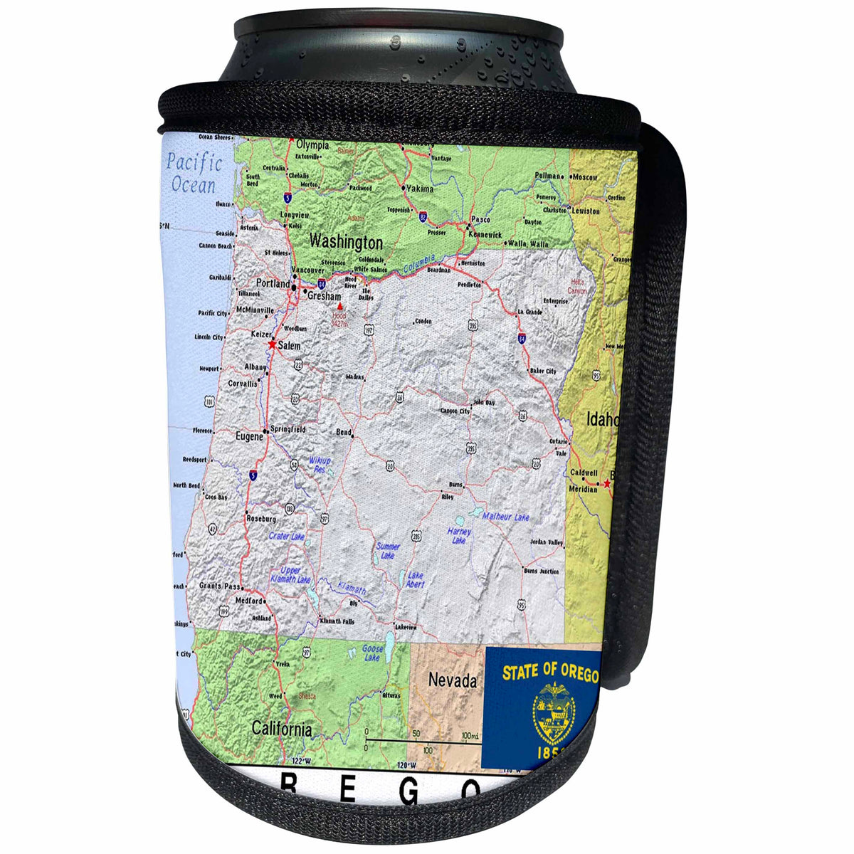 3dRose Lens Art by Florene - Topo Maps, Flags of States - Image of Oregon Topographic Map With State Flag - Can Cooler Bottle Wrap (cc_291422)