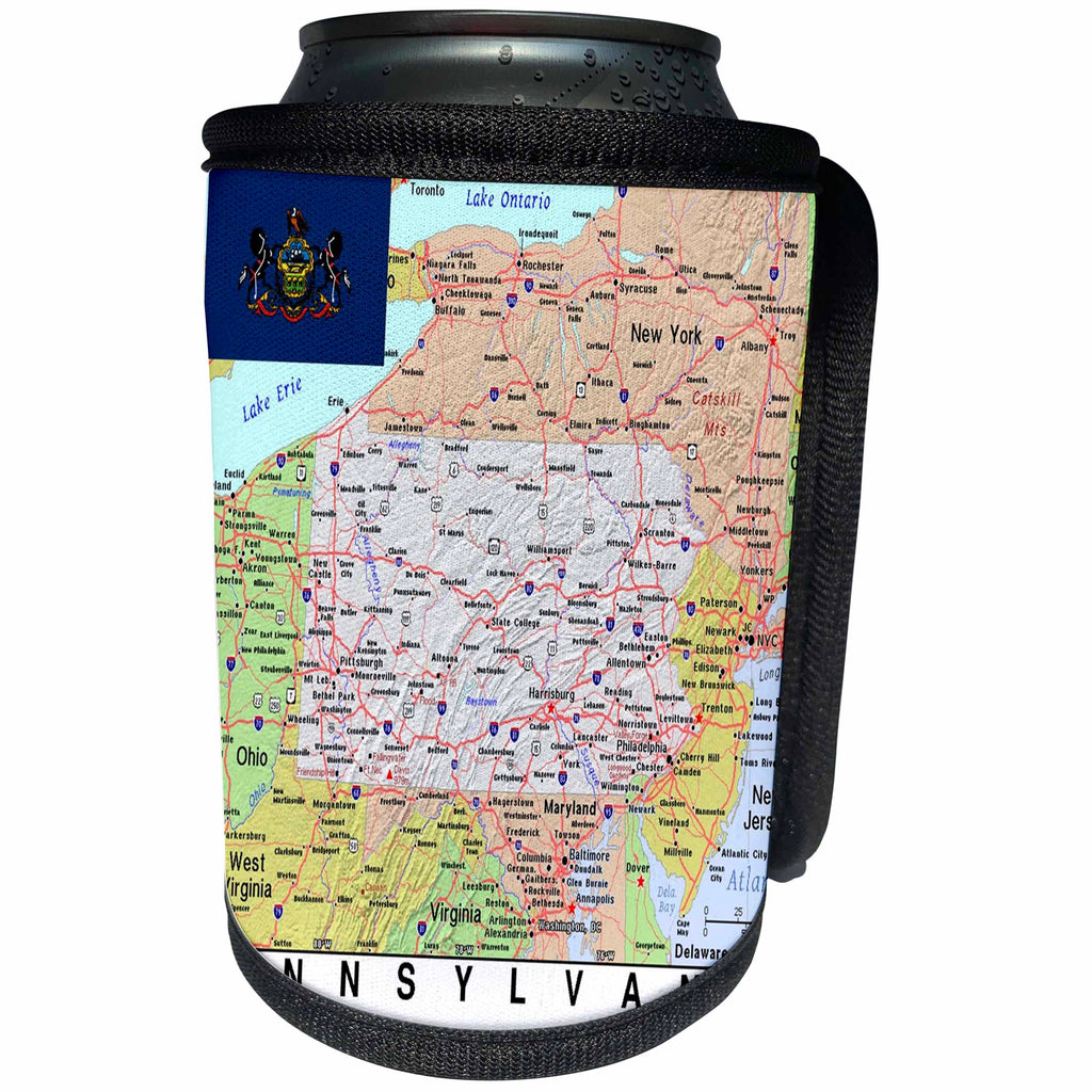 3dRose Lens Art by Florene - Topo Maps, Flags of States - Image of Pennsylvania Topographic Map With Flag - Can Cooler Bottle Wrap (cc_291423)