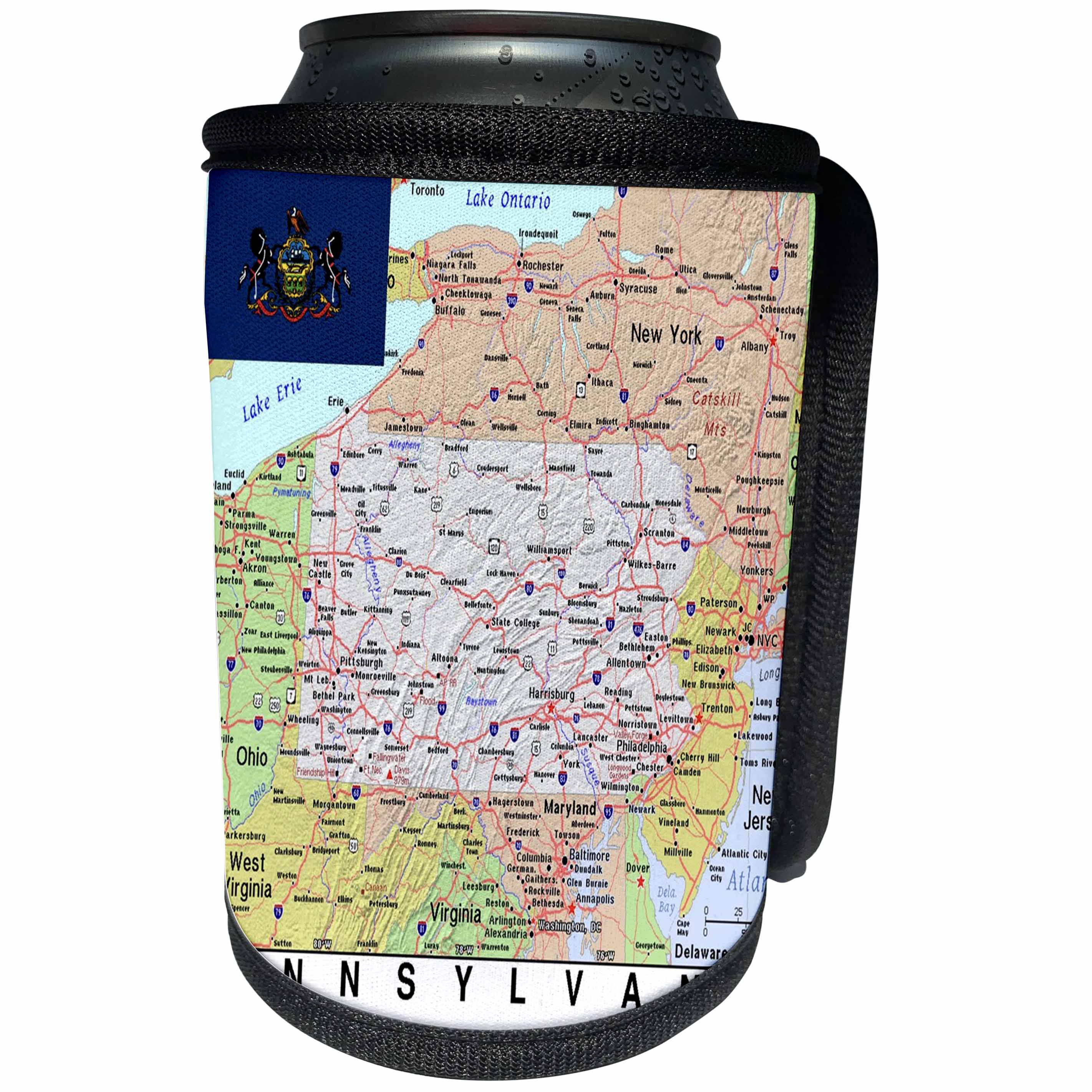 3dRose Lens Art by Florene - Topo Maps, Flags of States - Image of Pennsylvania Topographic Map With Flag - Can Cooler Bottle Wrap (cc_291423)