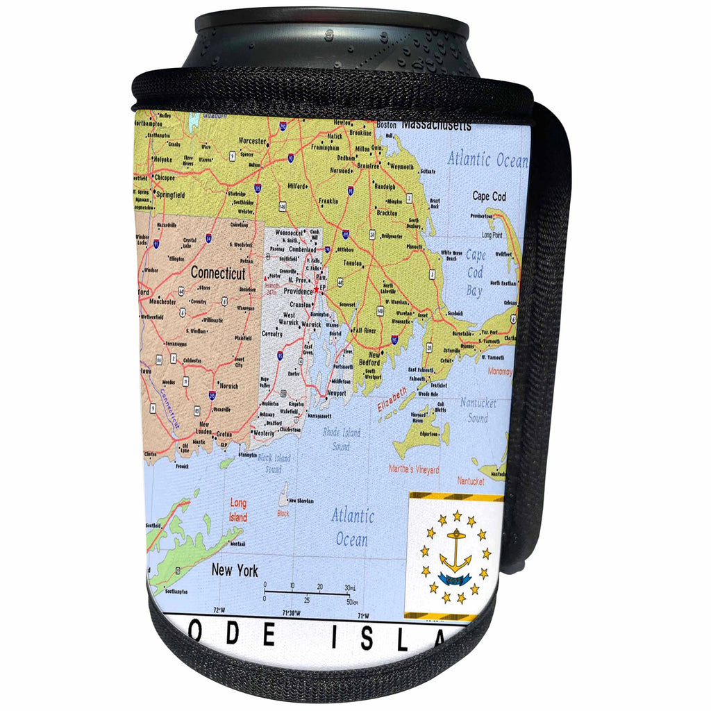 3dRose Lens Art by Florene - Topo Maps, Flags of States - Image of Rhode Island Topographic Map With Flag - Can Cooler Bottle Wrap (cc_291424)