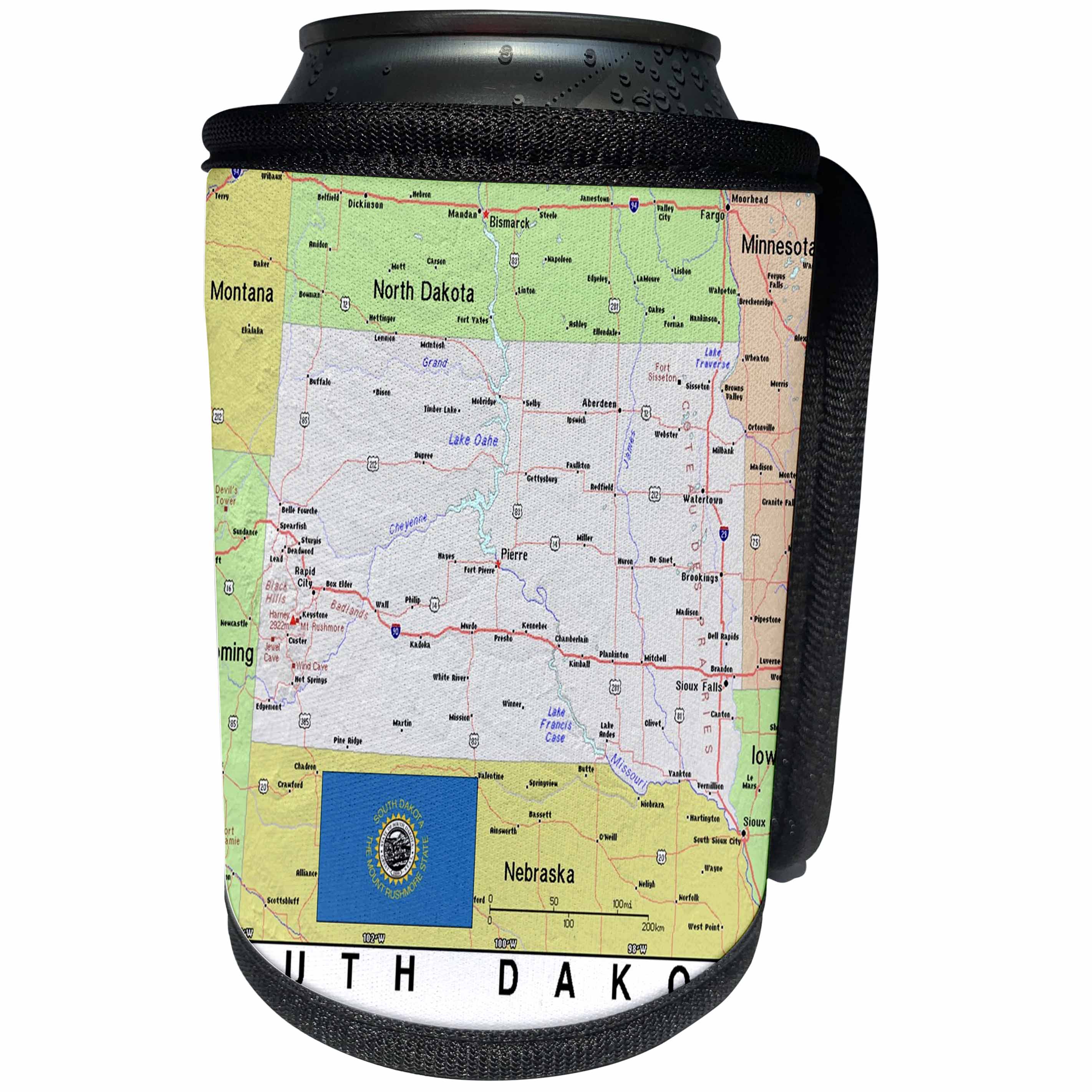 3dRose Lens Art by Florene - Topo Maps, Flags of States - Image of South Dakota Topographic Map With Flag - Can Cooler Bottle Wrap (cc_291426)