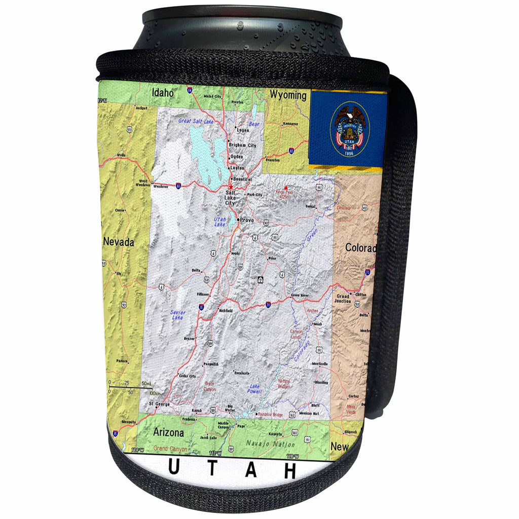 3dRose Lens Art by Florene - Topo Maps, Flags of States - Image of Topographic Map Of Utah With State Flag - Can Cooler Bottle Wrap (cc_291428)