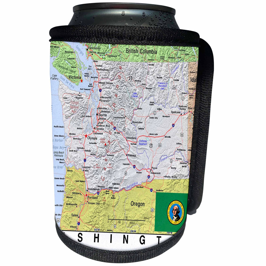 3dRose Lens Art by Florene - Topo Maps, Flags of States - Image of Washington Topographic Map With Flag - Can Cooler Bottle Wrap (cc_291431)