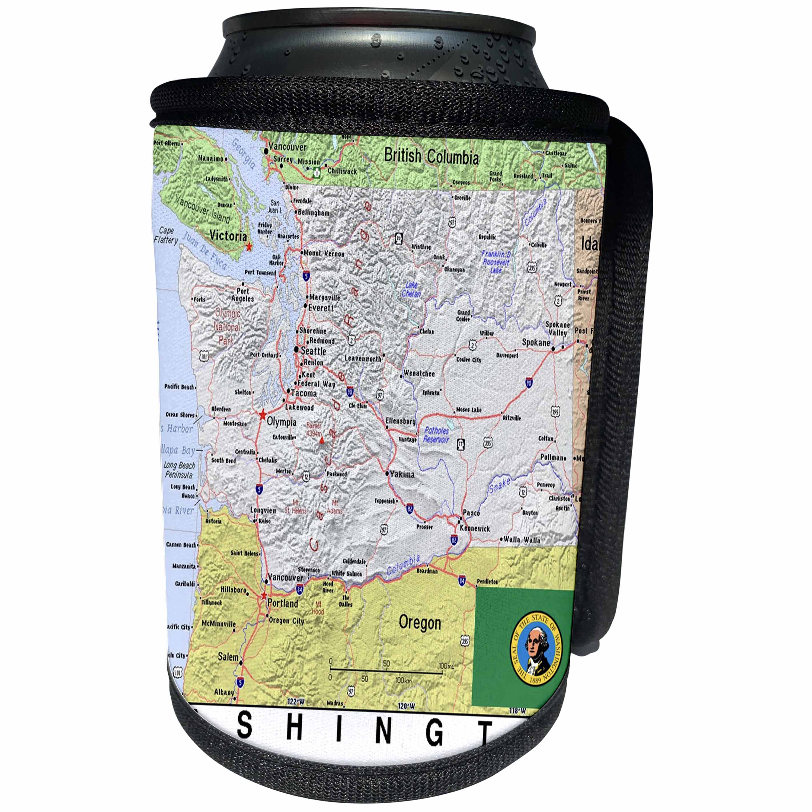 3dRose Lens Art by Florene - Topo Maps, Flags of States - Image of Washington Topographic Map With Flag - Can Cooler Bottle Wrap (cc_291431)
