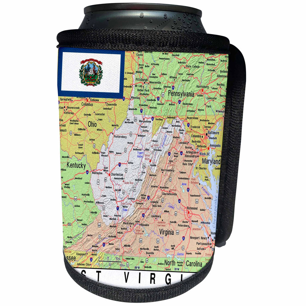3dRose Lens Art by Florene - Topo Maps, Flags of States - Image of West Virginia Topographic Map With Flag - Can Cooler Bottle Wrap (cc_291432)